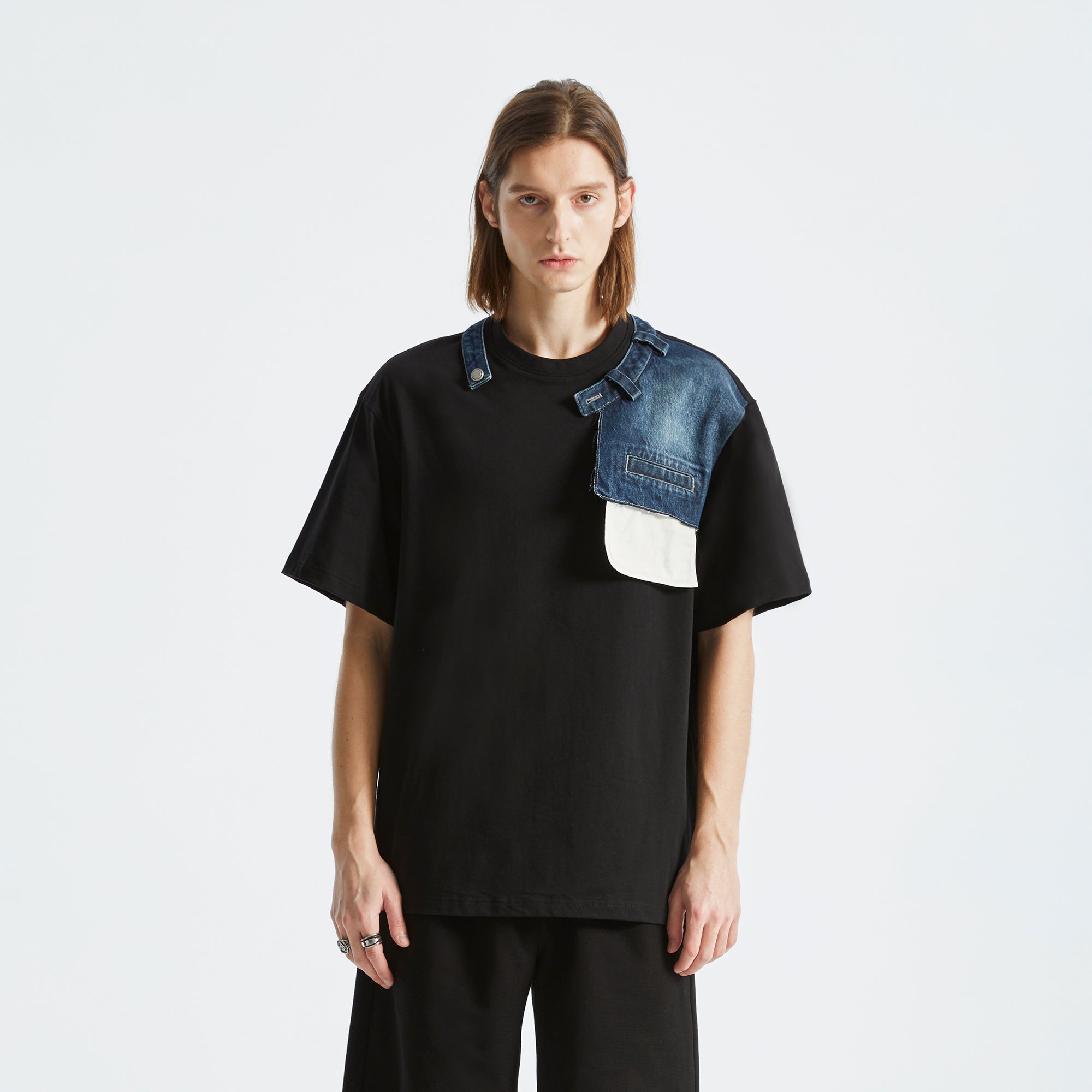 ORGANIC EMOTION Deconstructed Denim Shorts Spliced T-Shirt