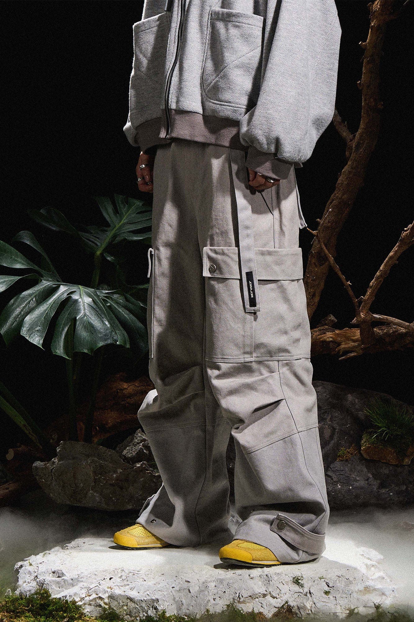 RELABEL Multi-Pocket Oversized Workwear Cargo Pants Gray, premium urban and streetwear designers apparel on PROJECTISR.com, RELABEL