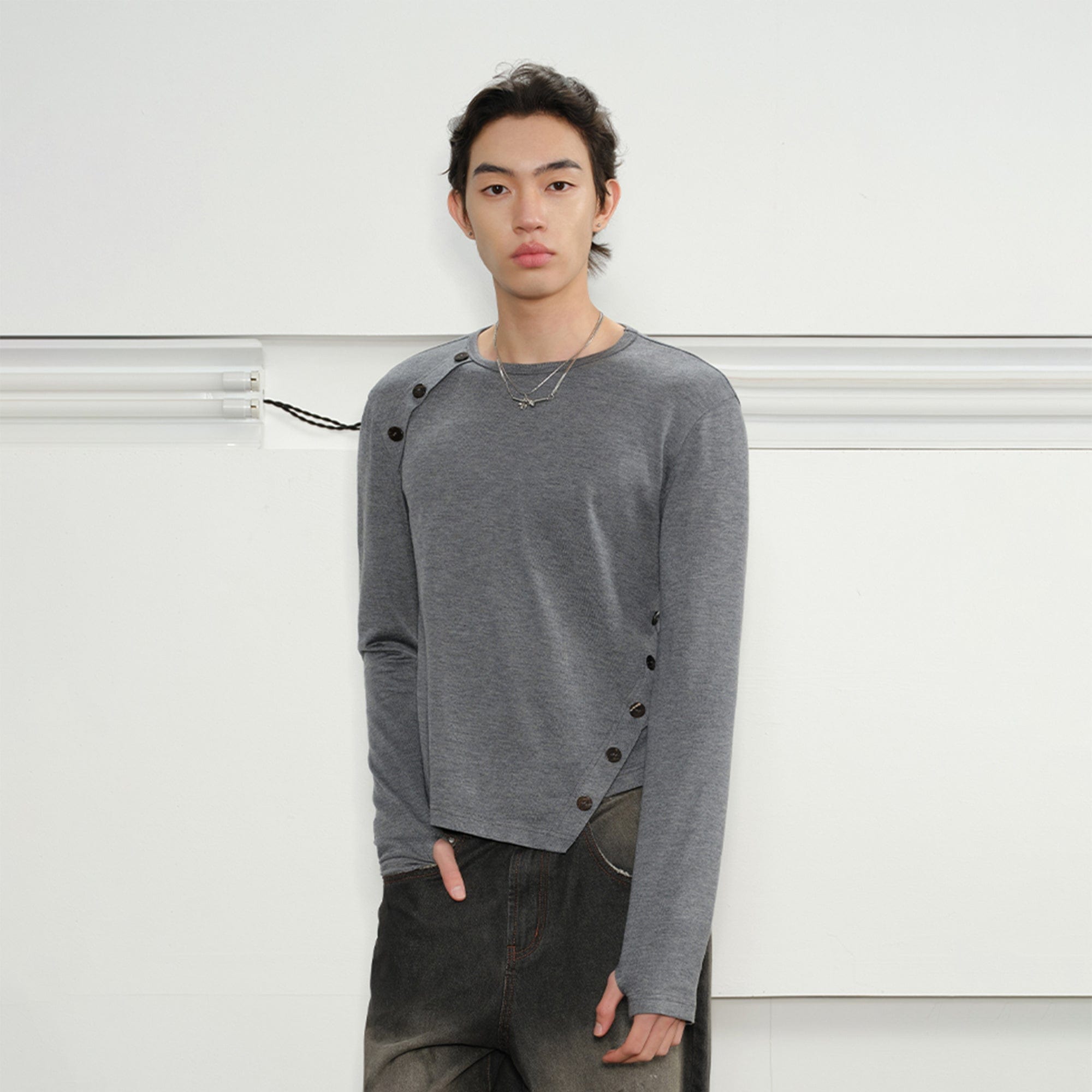 KREATE Deconstructed Asymmetrical Buttoned Long-Sleeve Tee