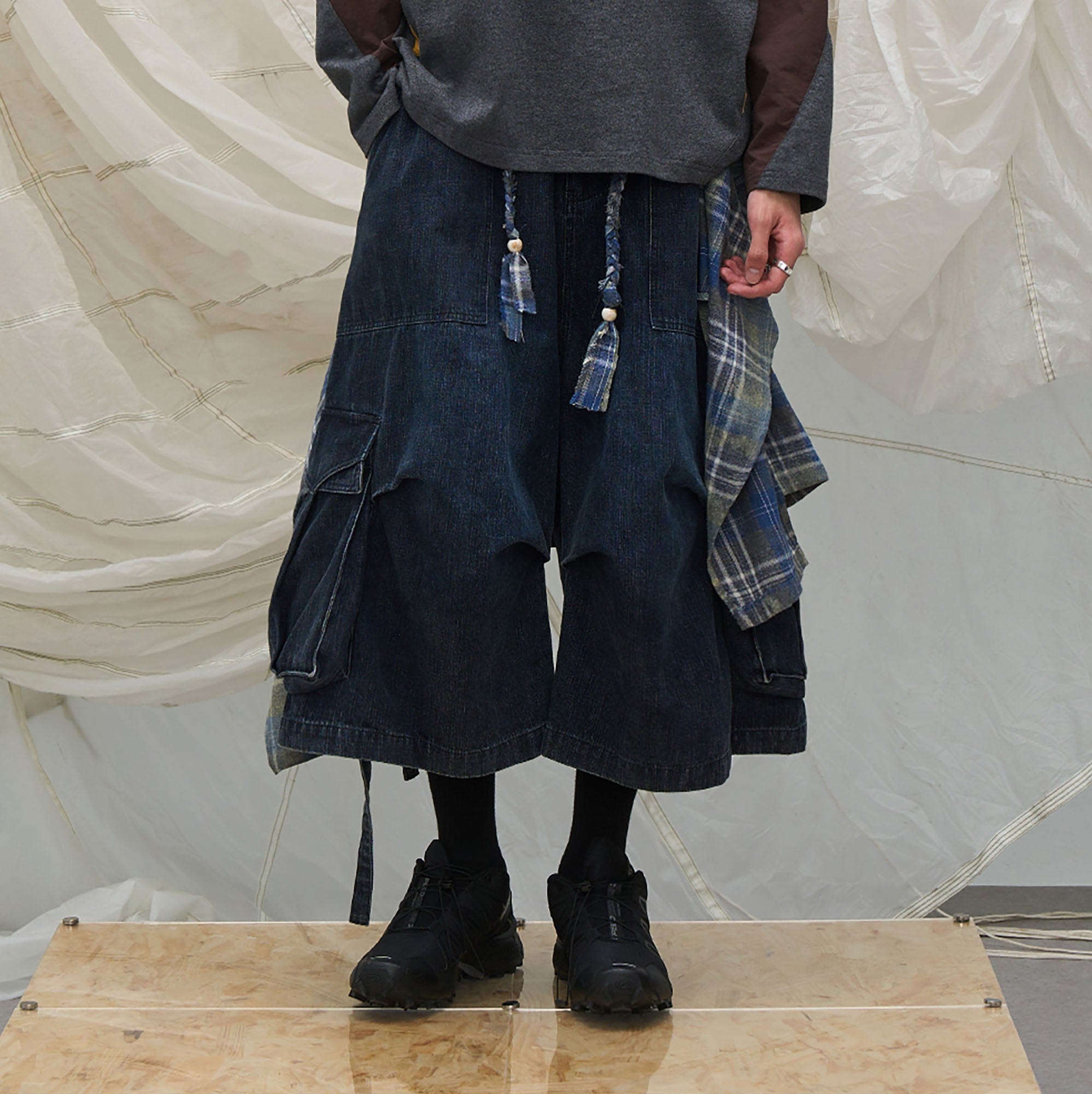 RELABEL Detachable Plaid Drape Denim Shorts