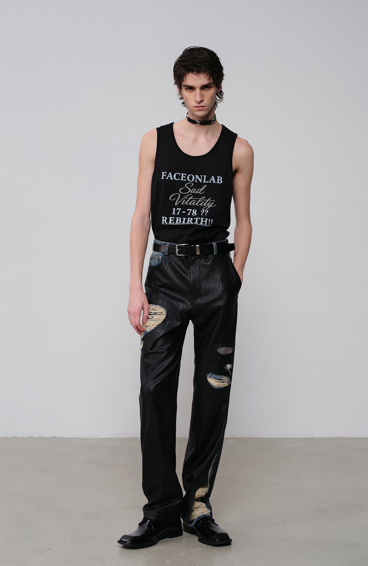 FACEONLAB Faux Leather Spliced Distressed Punk Jeans