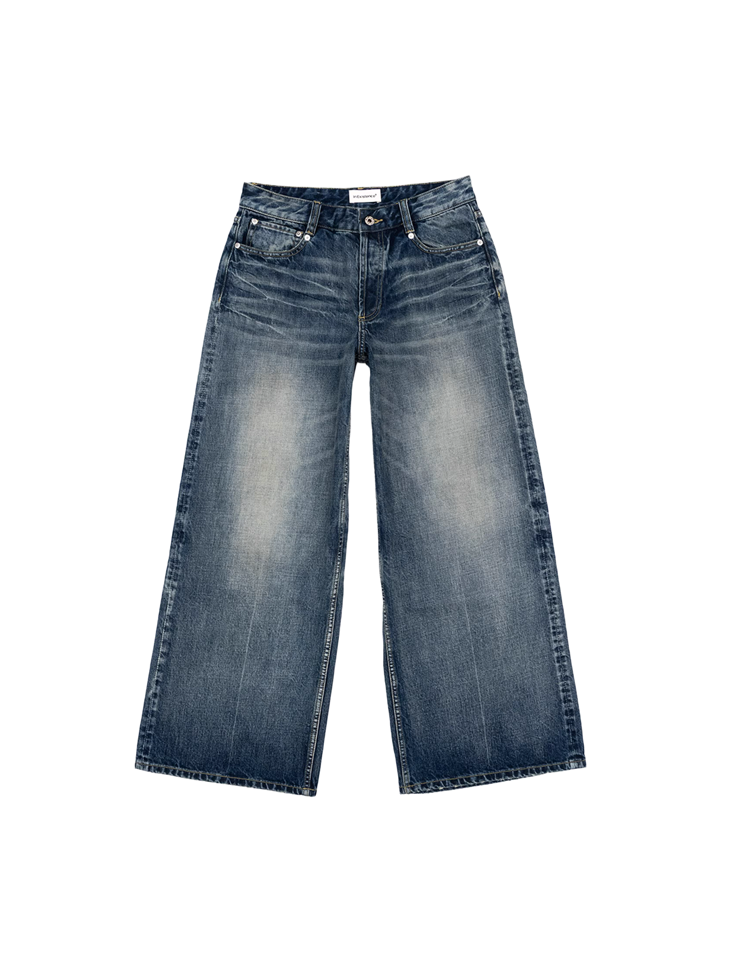 IN EXISTENCE x i Washed Lightning Fade Wide-Leg Jeans Blue, premium urban and streetwear designers apparel on PROJECTISR.com, IN EXISTENCE