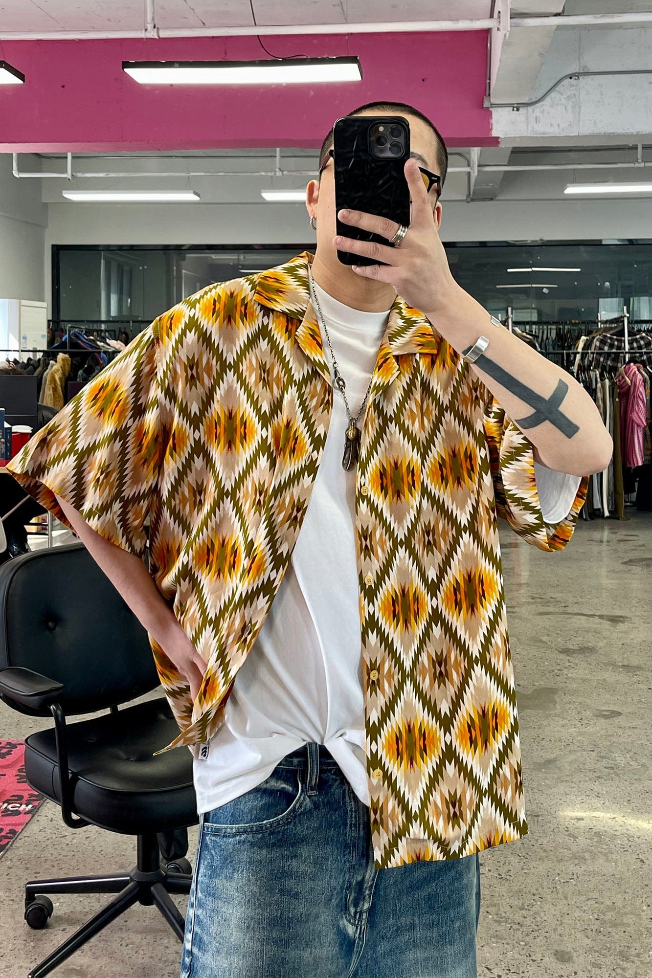 ME DA IGUAL Geometric Full-Print Button-Up Half Shirt, premium urban and streetwear designers apparel on PROJECTISR.com, ME DA IGUAL