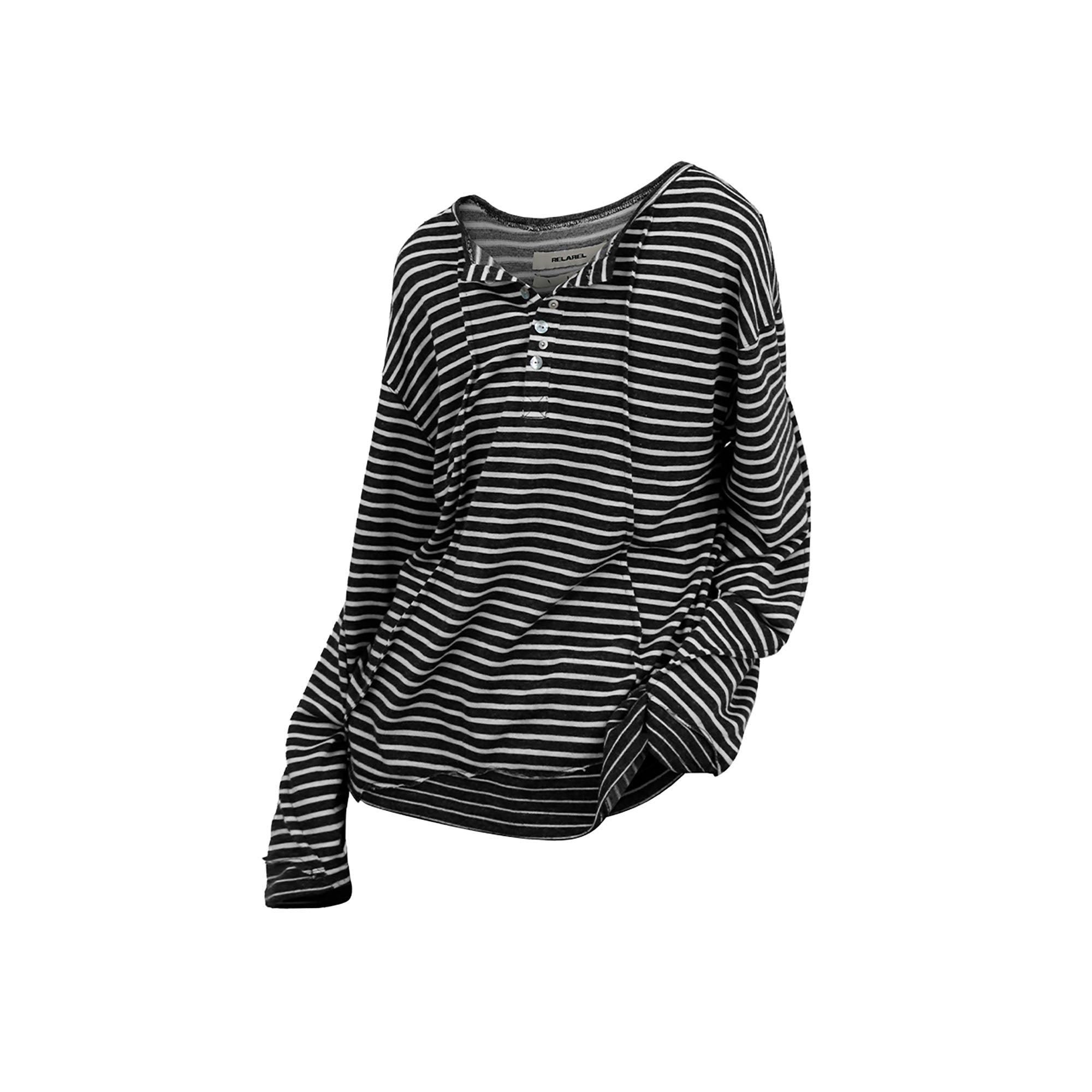 RELABEL Striped Pleated Henley Long-Sleeve Tee, premium urban and streetwear designers apparel on PROJECTISR.com, RELABEL