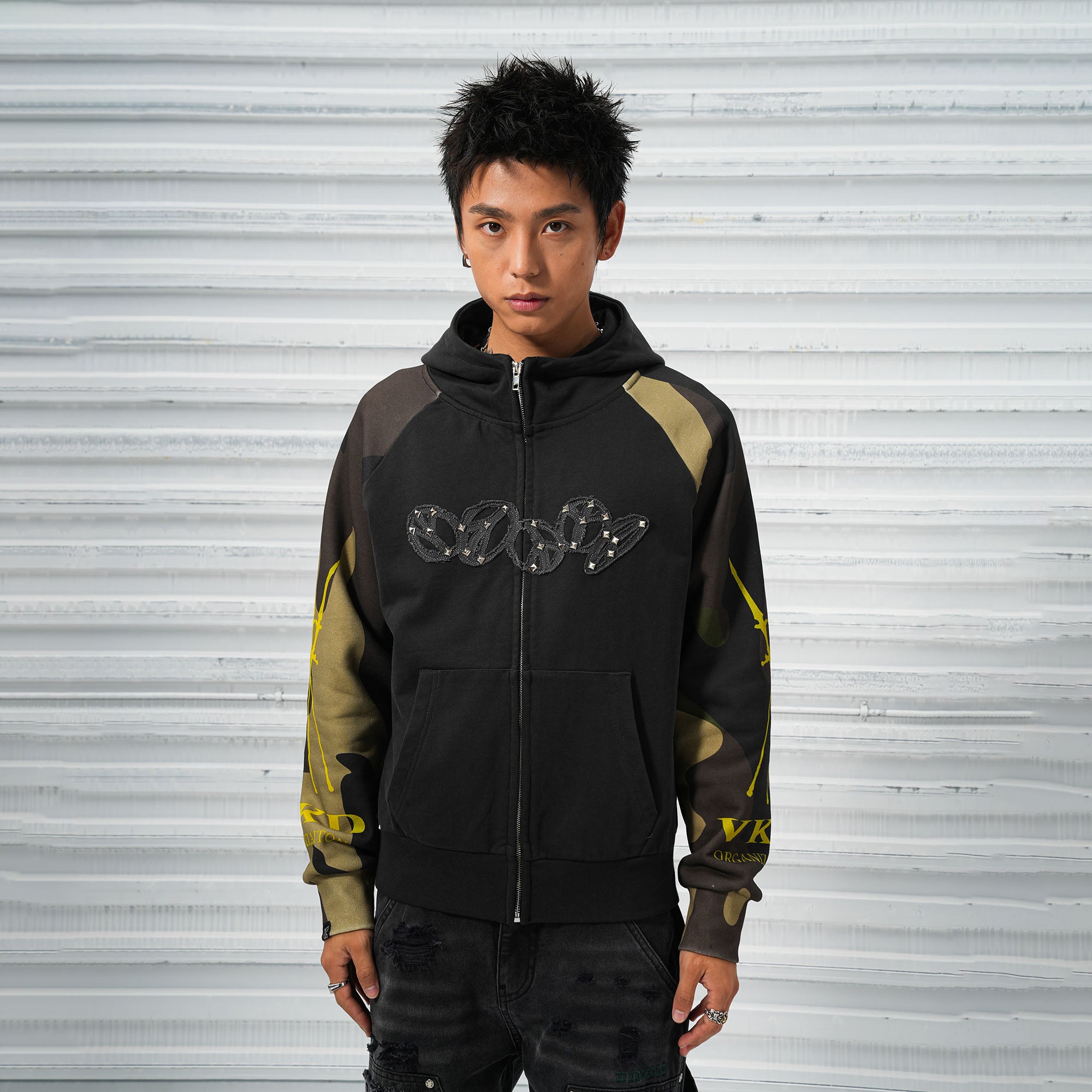 VINKID Camo Raglan Rivet Hooded Jacket, premium urban and streetwear designers apparel on PROJECTISR.com, VINKID