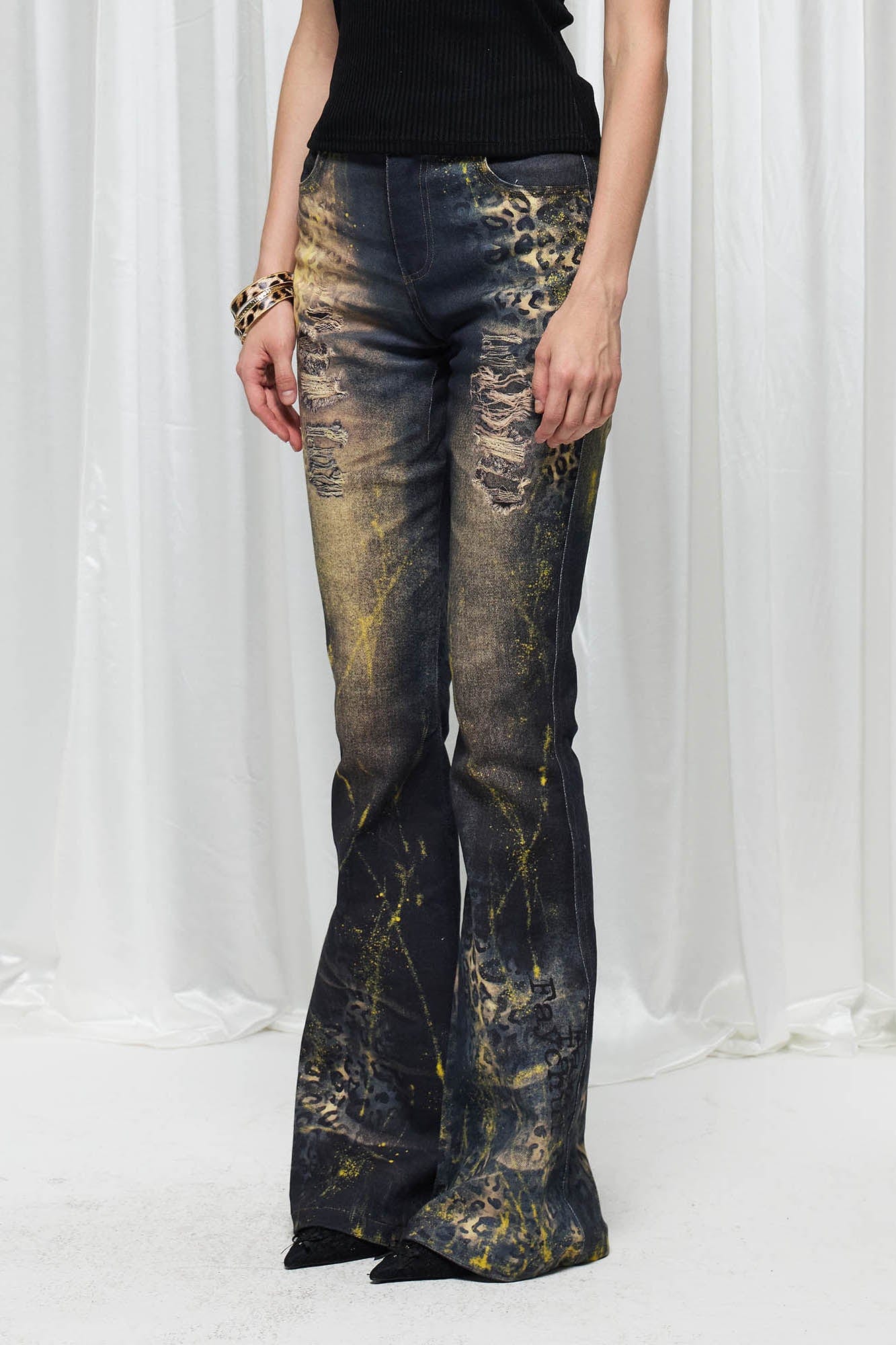 DND4DES×Faychui Distressed Leopard Splattered Flared Jeans