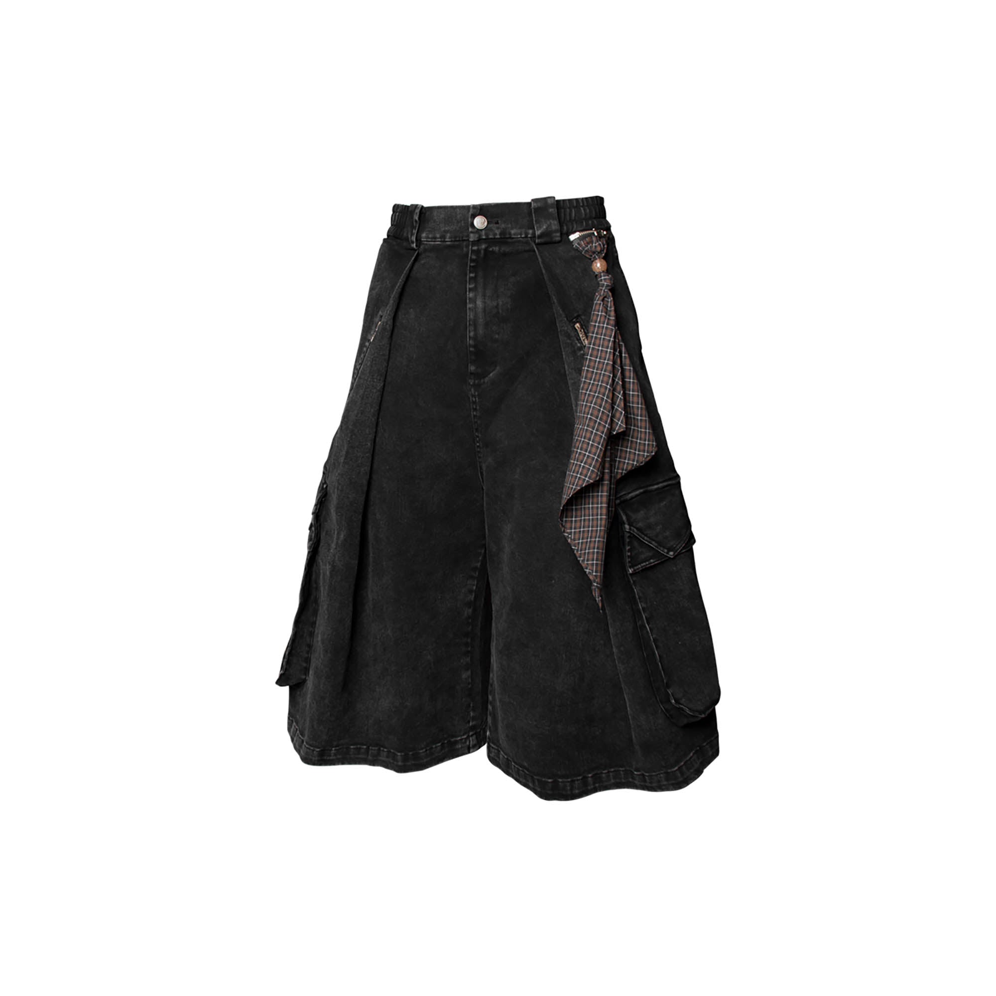 RELABEL Detachable Scarf Washed Multi-Pocket Wide-Leg Shorts Black, premium urban and streetwear designers apparel on PROJECTISR.com, RELABEL
