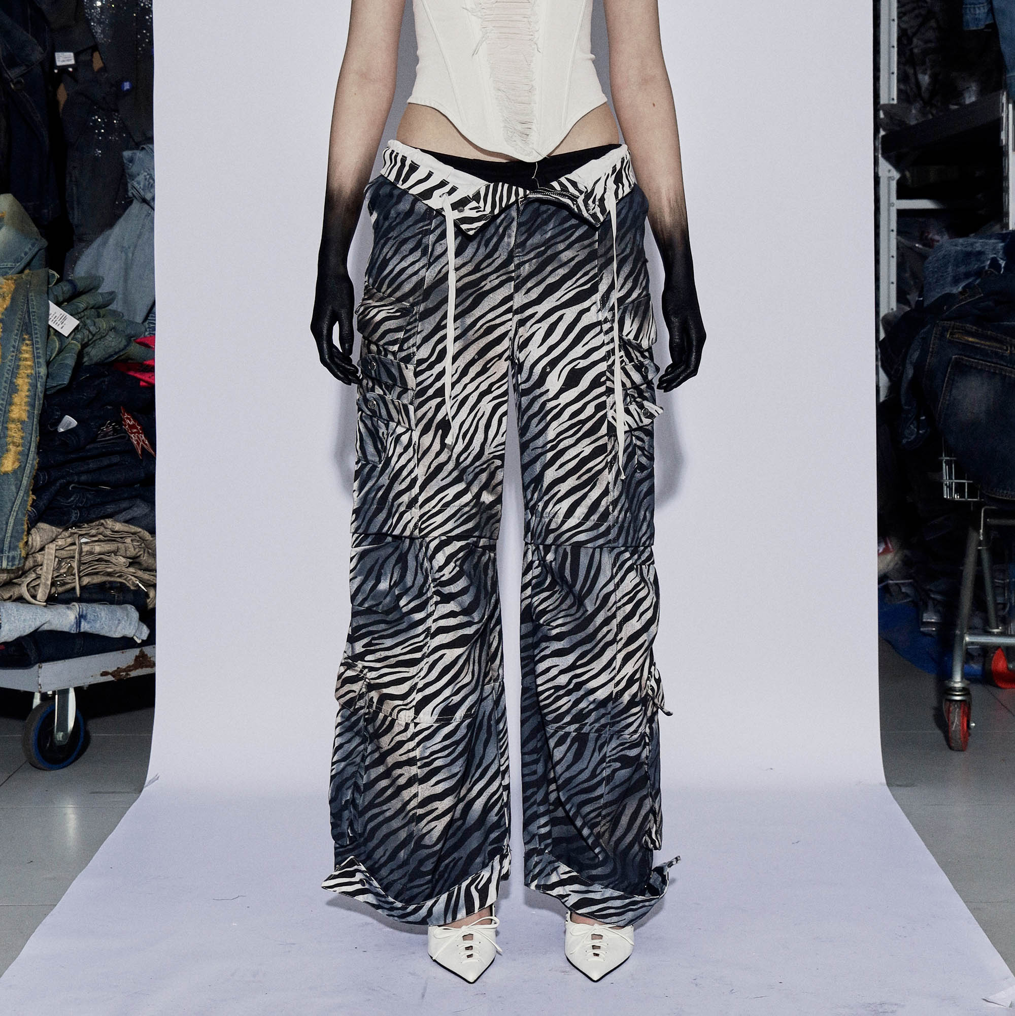 DND4DESxFaychui Zebra Drawstring Pleated Wide-Leg Pants