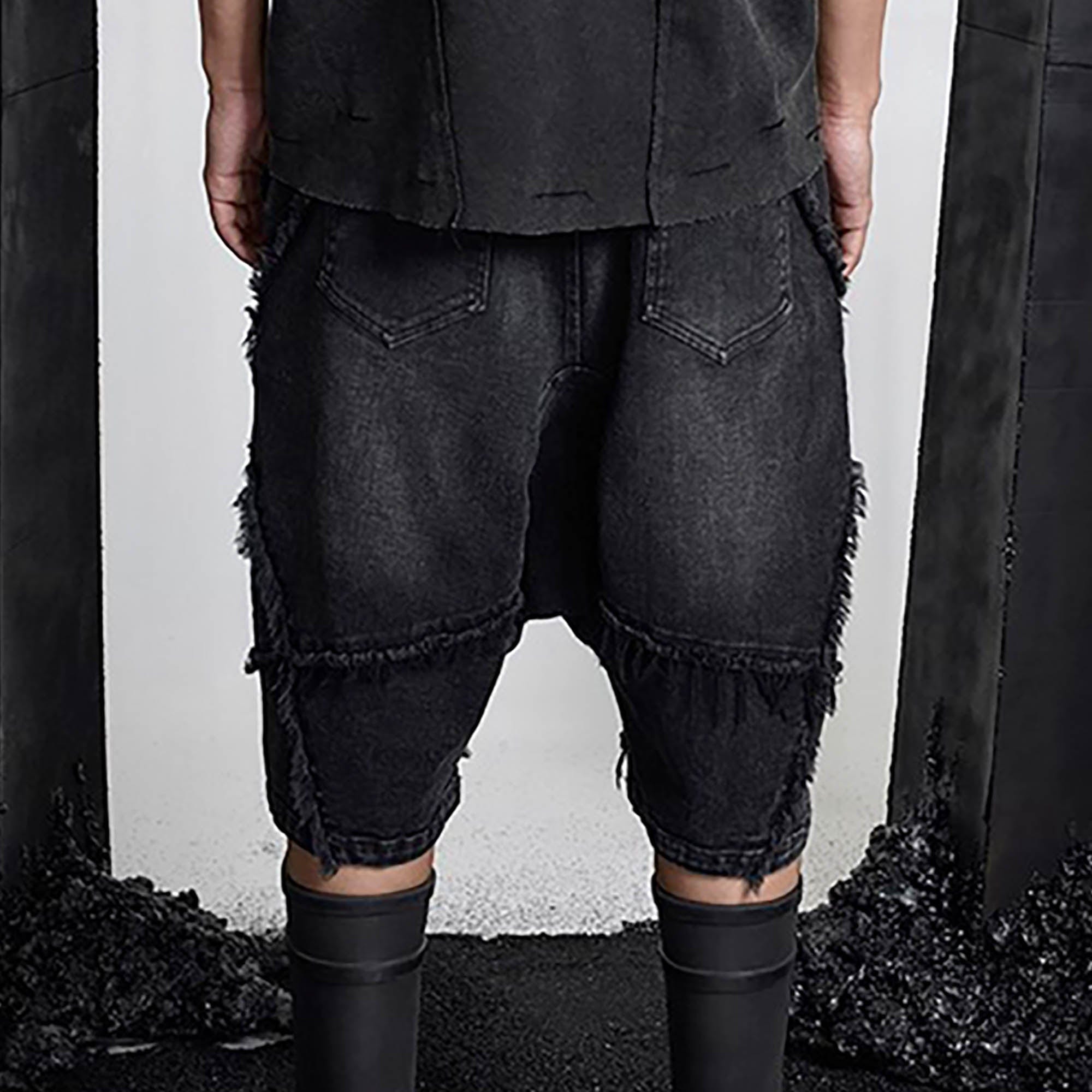 SSIN7 Washed Frayed Spliced Denim Shorts