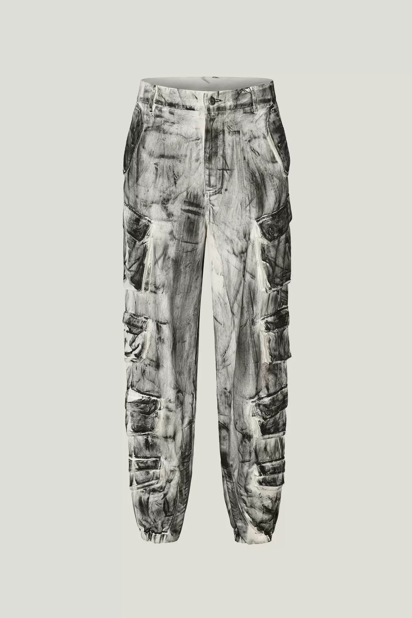 LIFEGOESON Distressed Multi-Pocket Layered Cargo Pants Ink Black