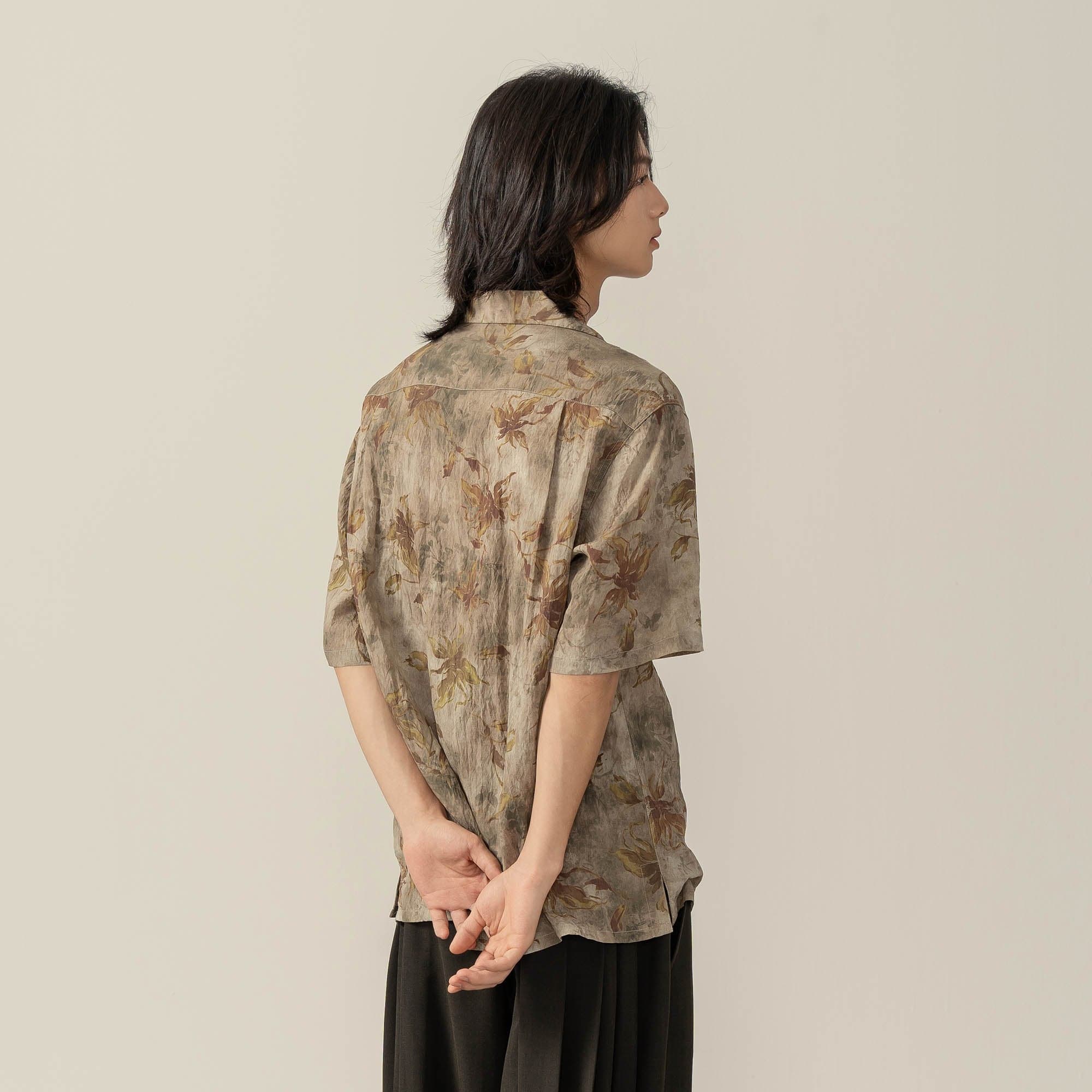 MOITIEDEPETALE Retro Wrinkled Watercolor Floral Half Shirt