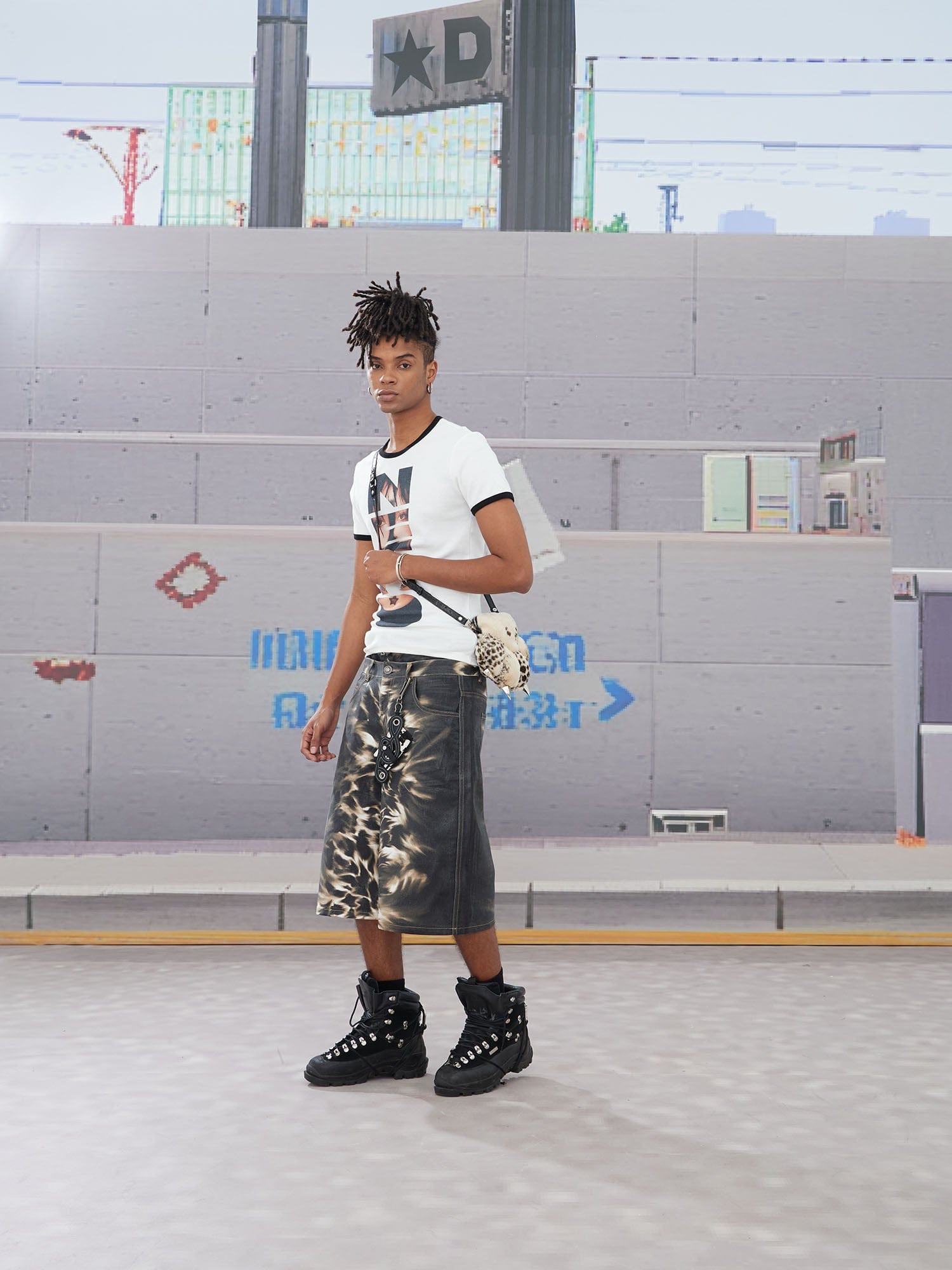 DND4DES Abstract Leopard Double-Waistband Denim Shorts