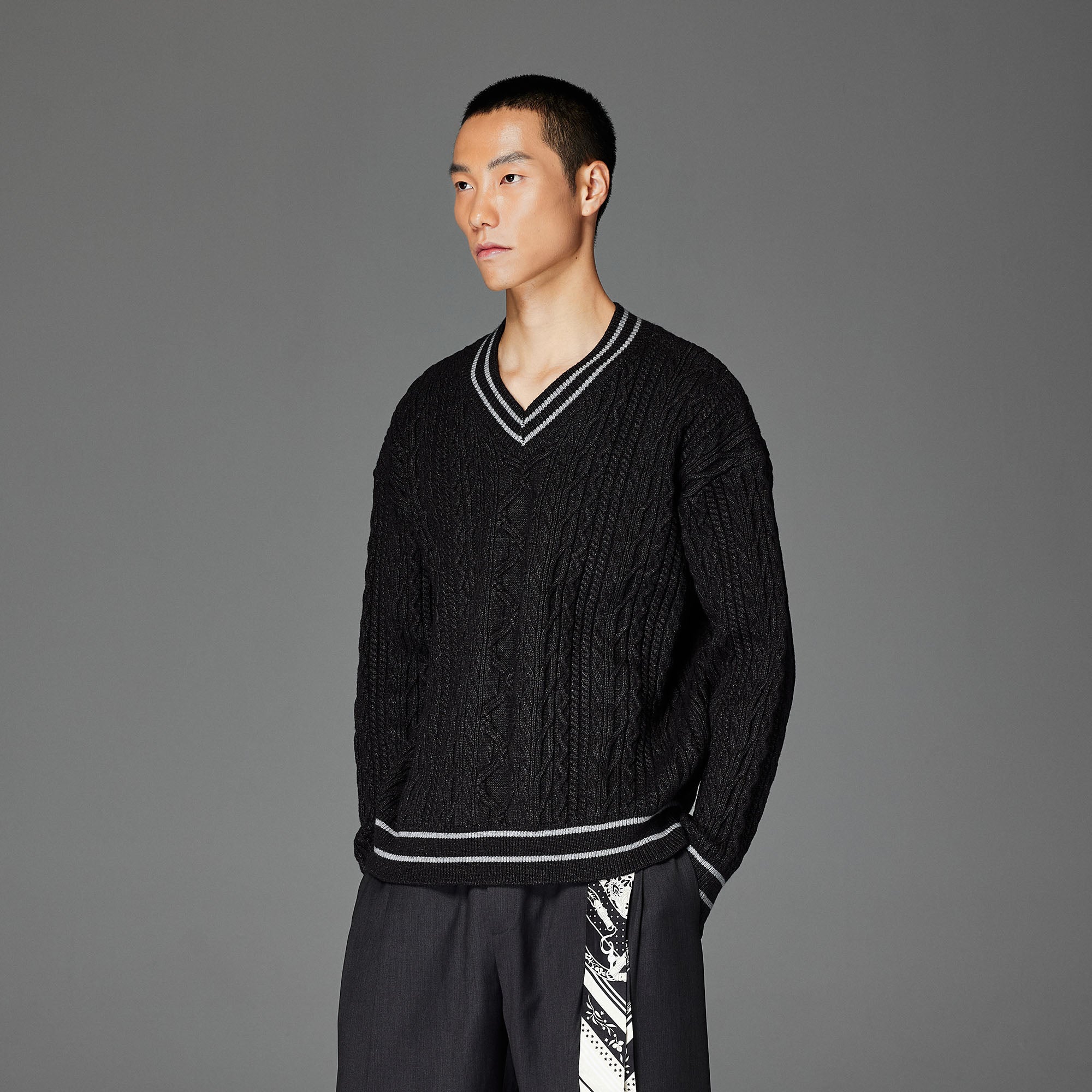 CATSSTAC Varsity V-Neck Cable-Knit Sweater, premium urban and streetwear designers apparel on PROJECTISR.com, CATSSTAC