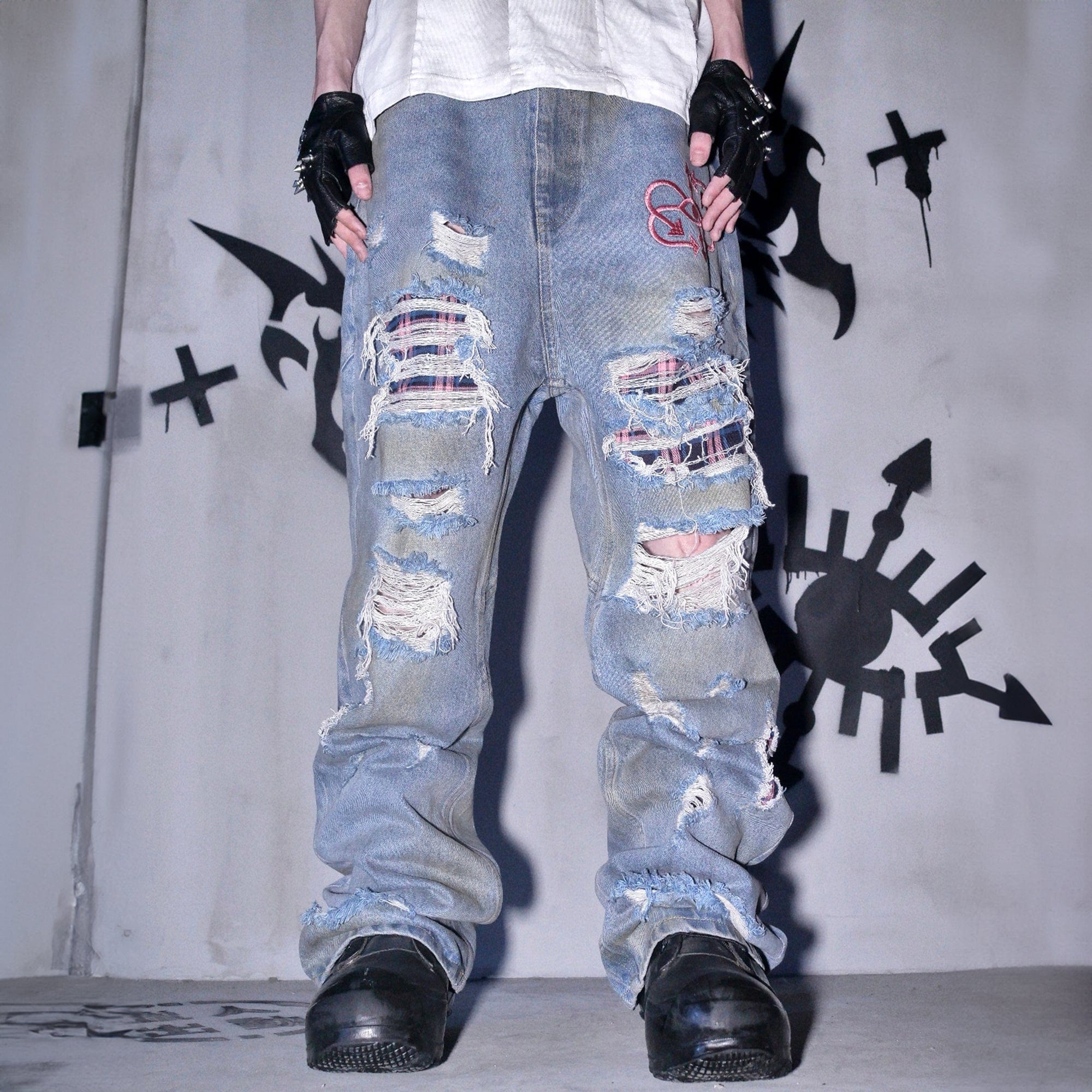 PHANTOMHUNTER Distressed Plaid-Patched Ripped Jeans, premium urban and streetwear designers apparel on PROJECTISR.com, PHANTOMHUNTER