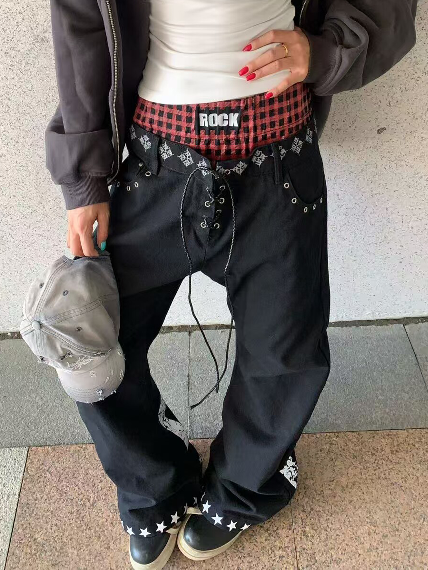 DETW Curved Plaid Spliced Double-Waistband Jeans