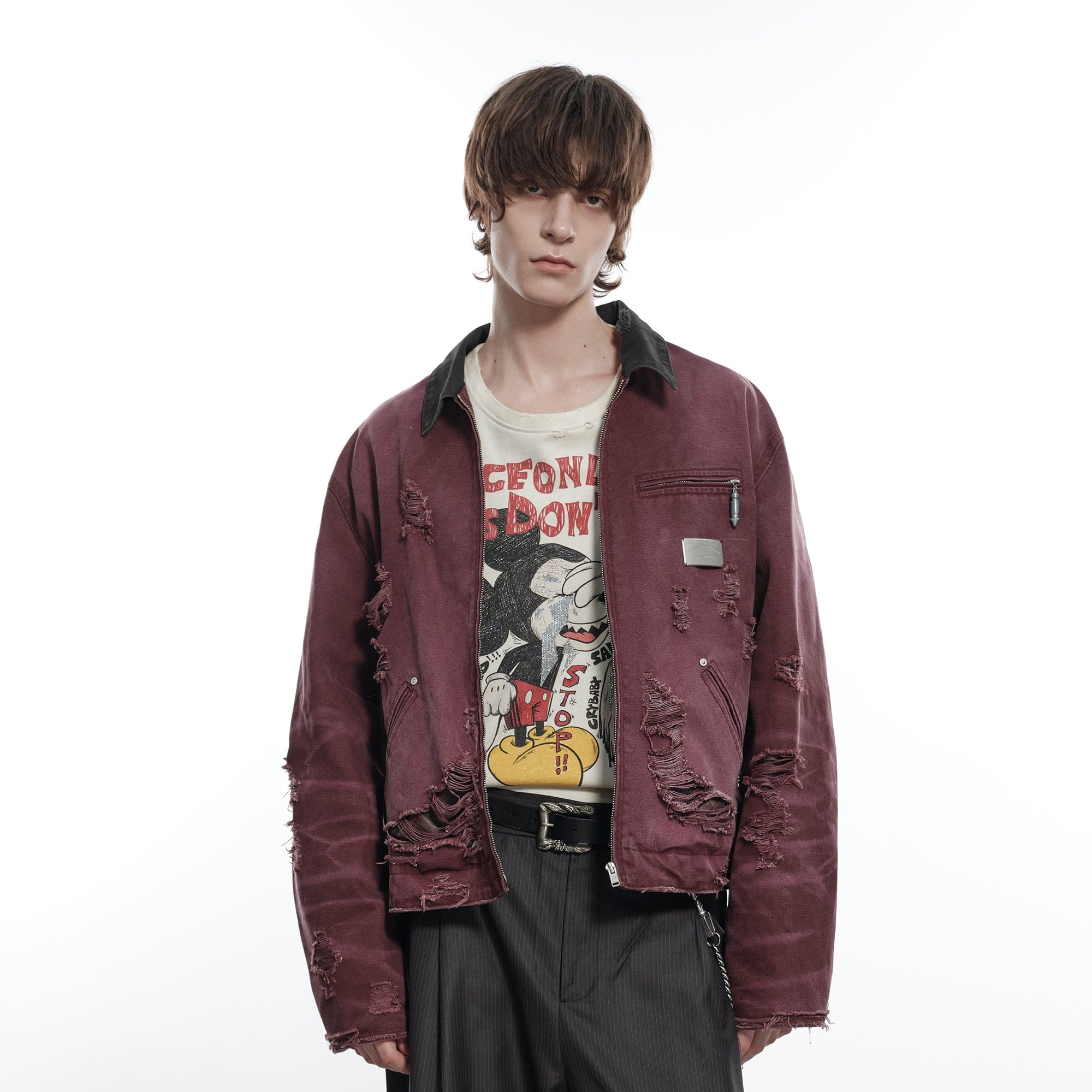 FACEONLAB Raw-Edge Ripped Rivet Metal Emblem Jacket Red