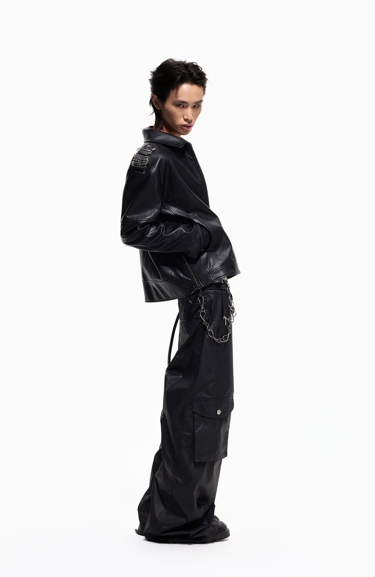2000RSK Pin-Shoulder Faux Leather Biker Jacket