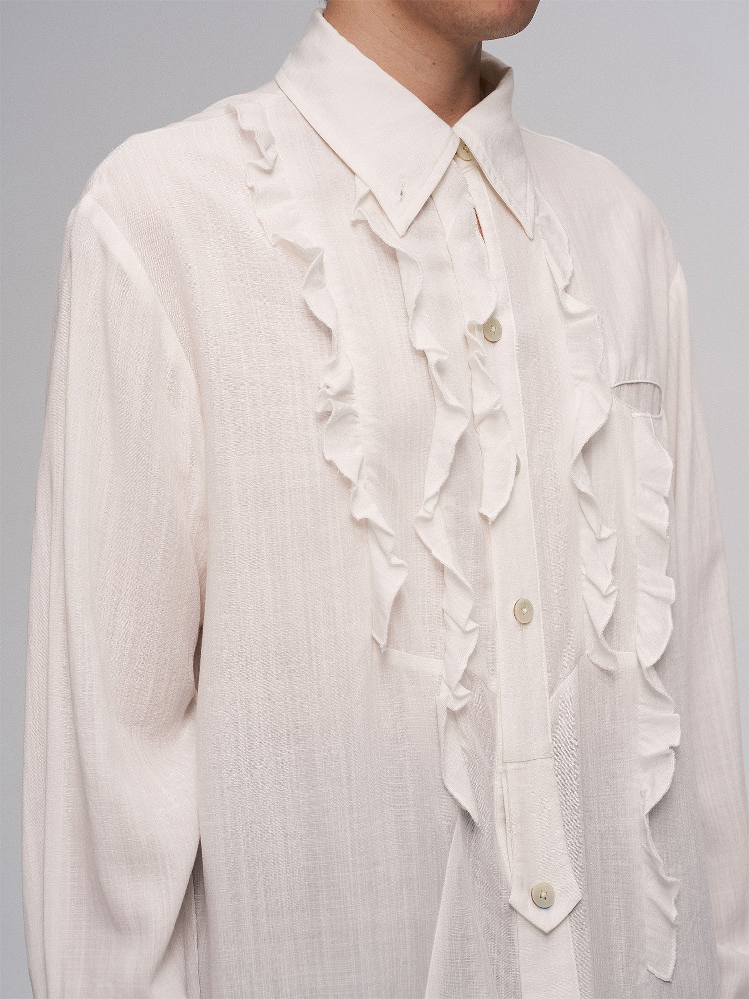 ILNya Nieternite Nifutur Sheer Ruffle Front Long Shirt