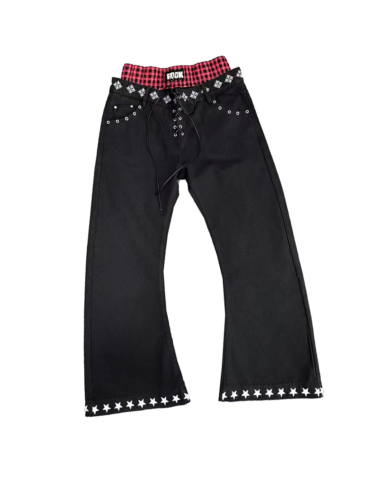 DETW Curved Plaid Spliced Double-Waistband Jeans