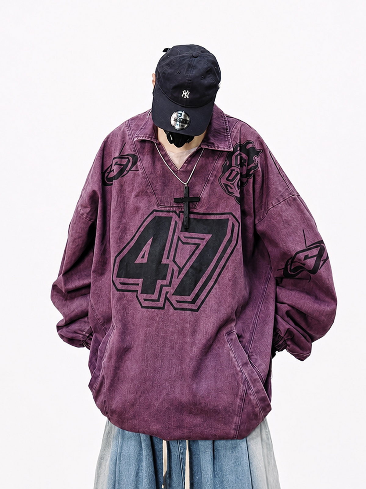 UUCSCC Washed Distressed Oversized V-Neck Sweatshirt