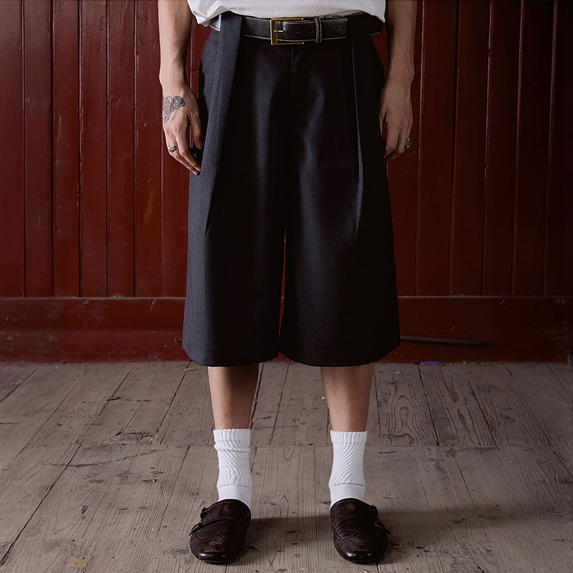 IN EXISTENCE Double-Pleated Mini Check Wide-Leg Shorts, premium urban and streetwear designers apparel on PROJECTISR.com, IN EXISTENCE