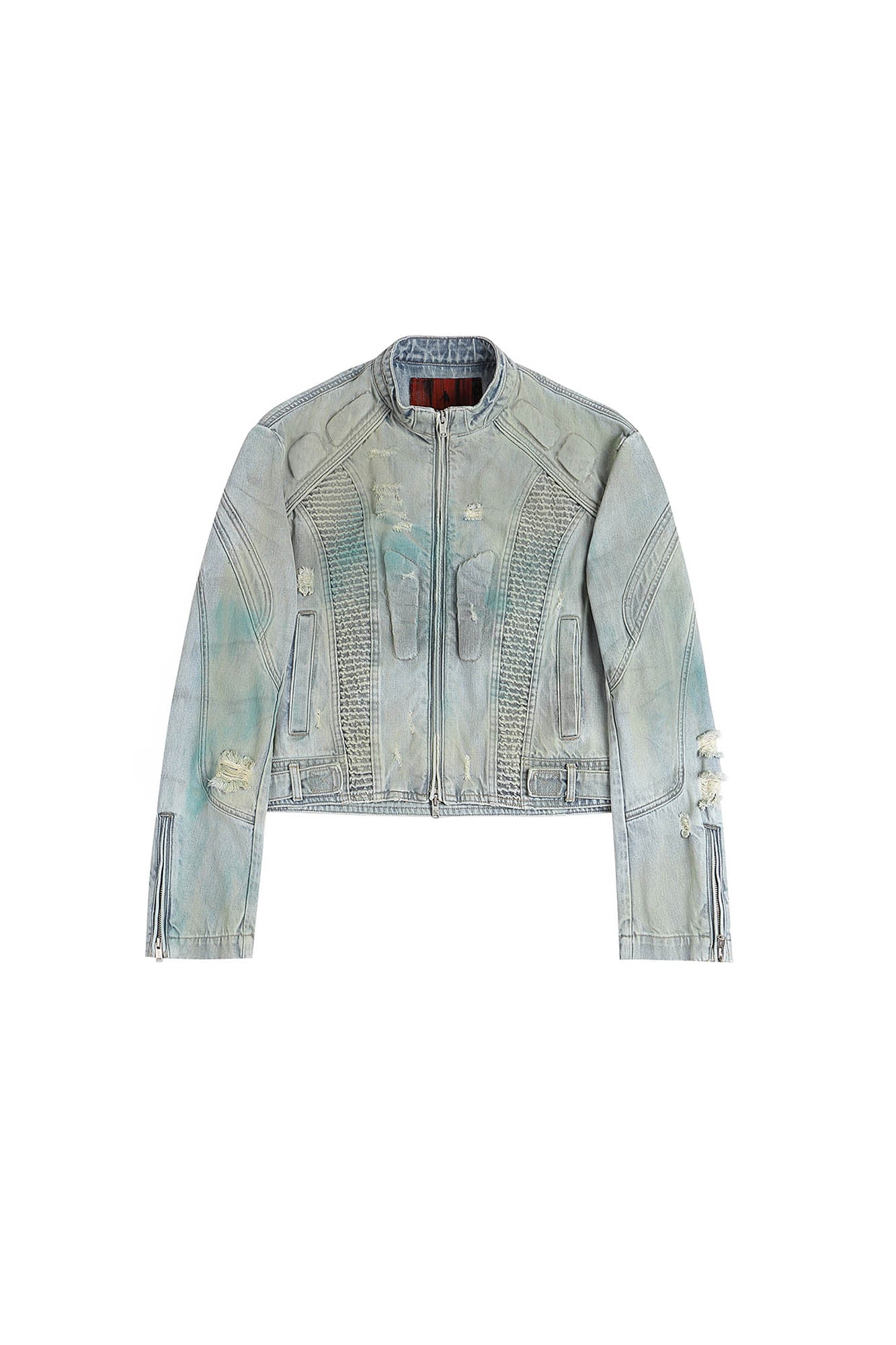 FACEONLAB Distressed Tie-Dye Ripped Biker Denim Jacket Blue