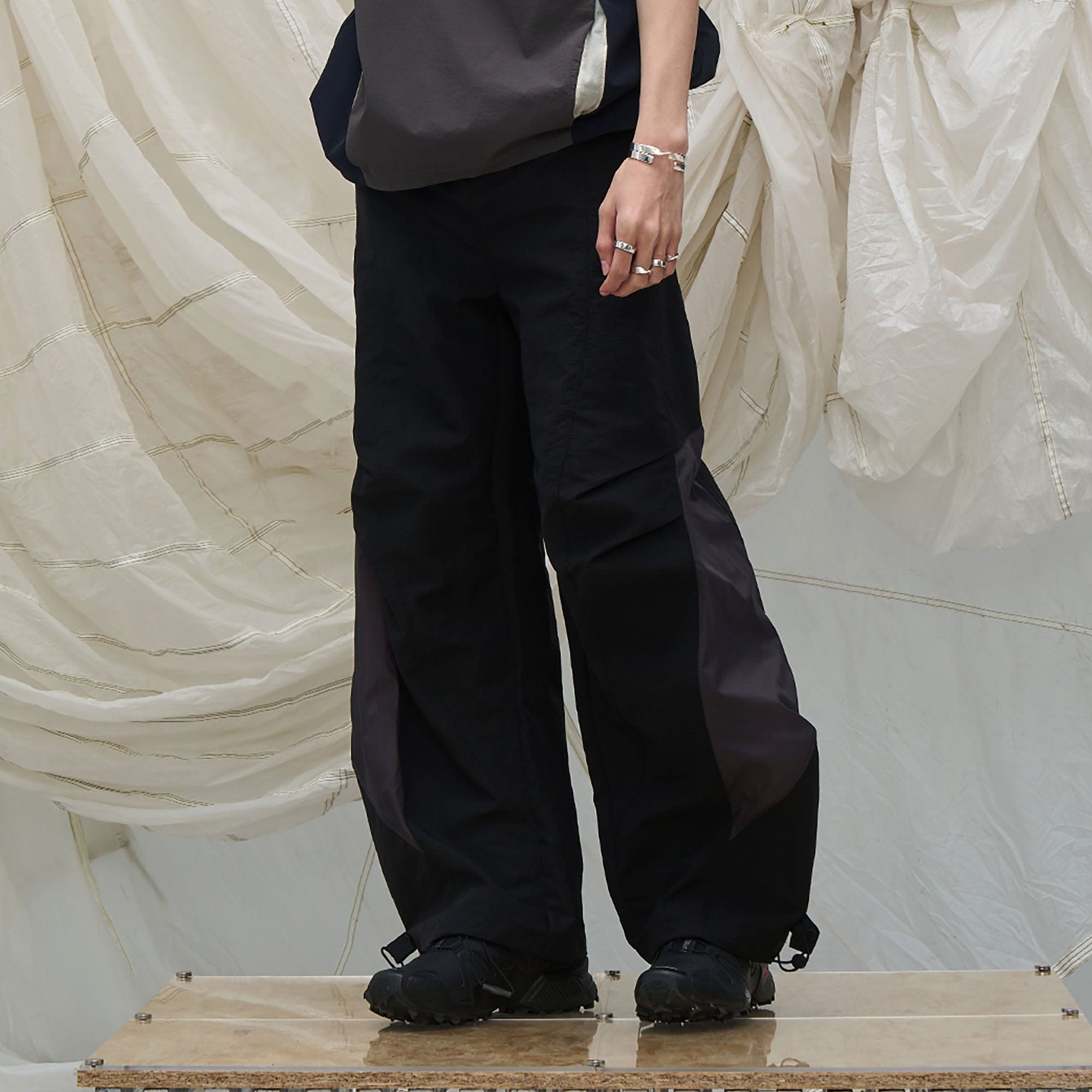 RELABEL Deconstructed Paneled Drawstring Parachute Pants, premium urban and streetwear designers apparel on PROJECTISR.com, RELABEL