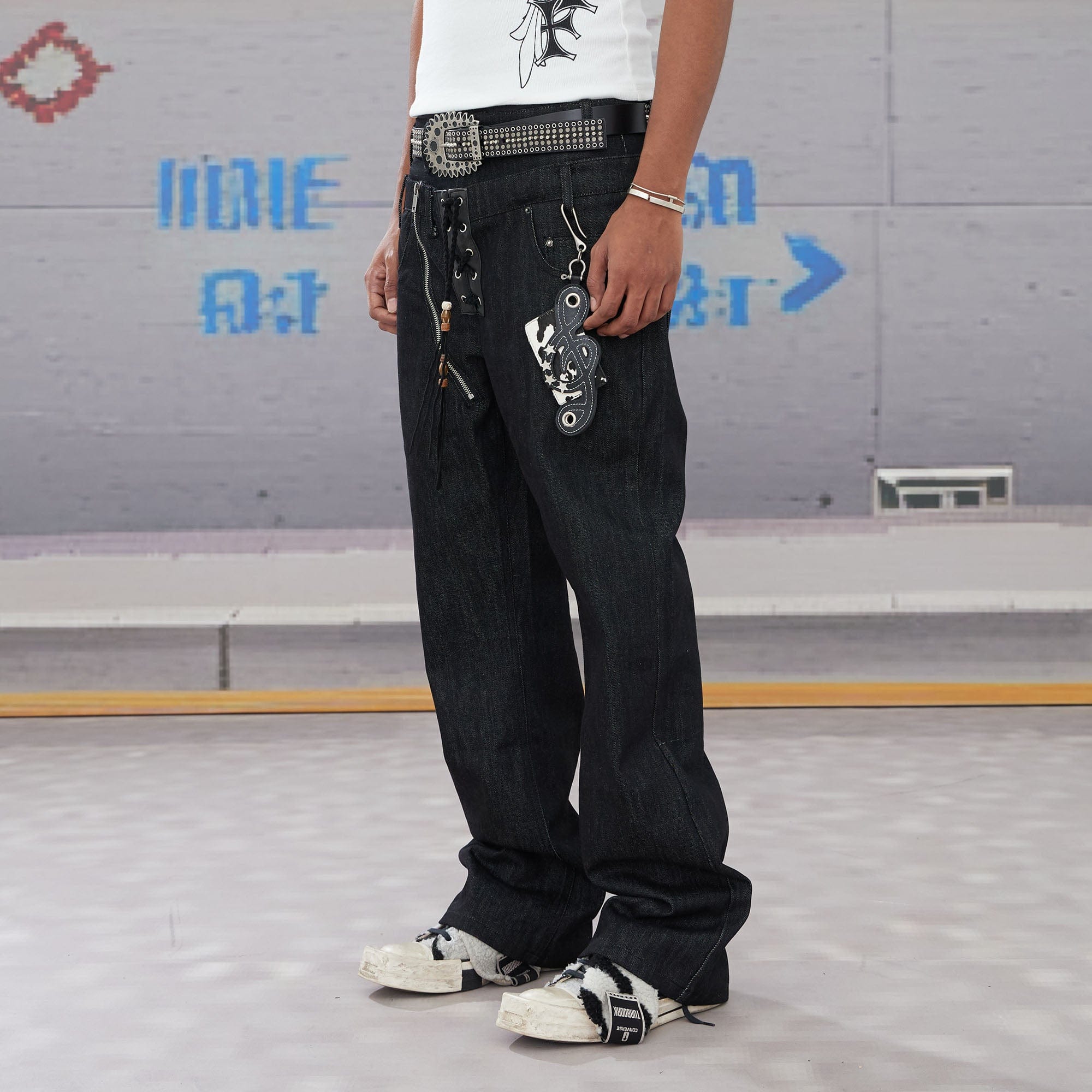 DND4DES Slanted Zipper Lace-Up Double-Waistband Raw Jeans, premium urban and streetwear designers apparel on PROJECTISR.com, DND4DES
