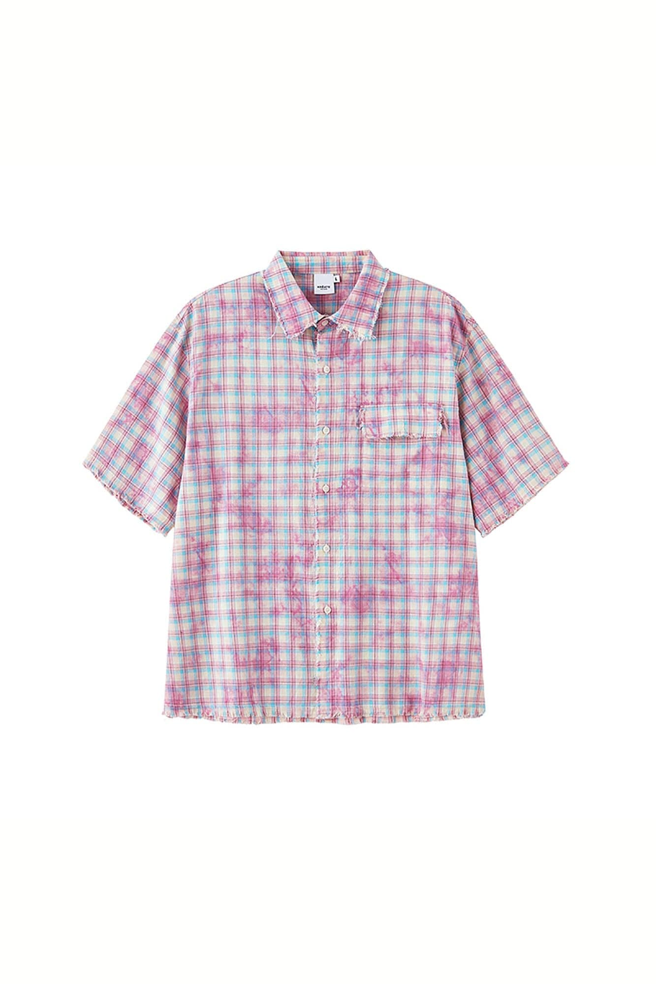 KREATE Frayed Tie-Dye Plaid Half Shirt