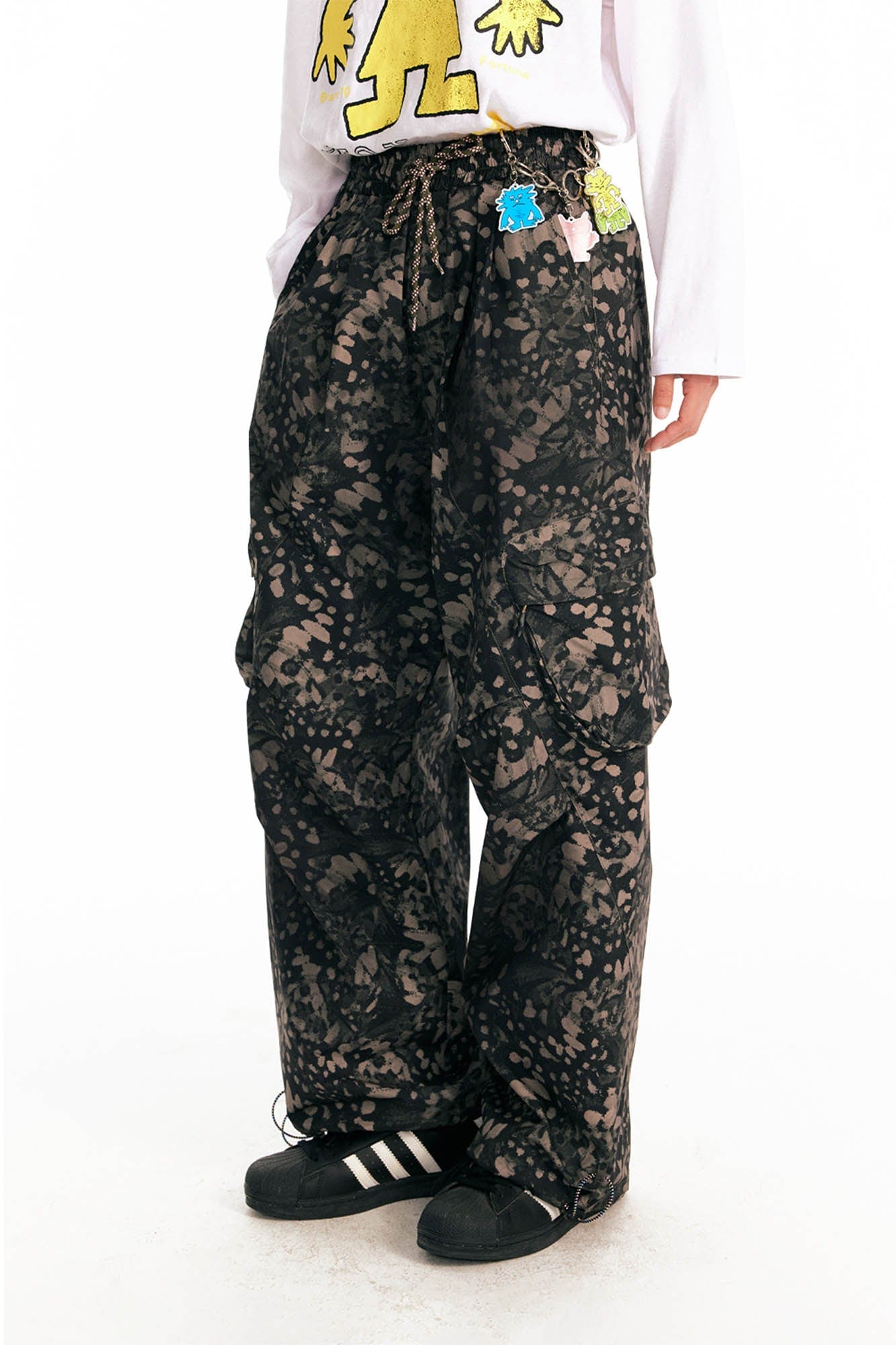 1997 POSTOFFICE Splatter Camo Crinkled Drawstring Cargo Pants, premium urban and streetwear designers apparel on PROJECTISR.com, 1997 POSTOFFICE