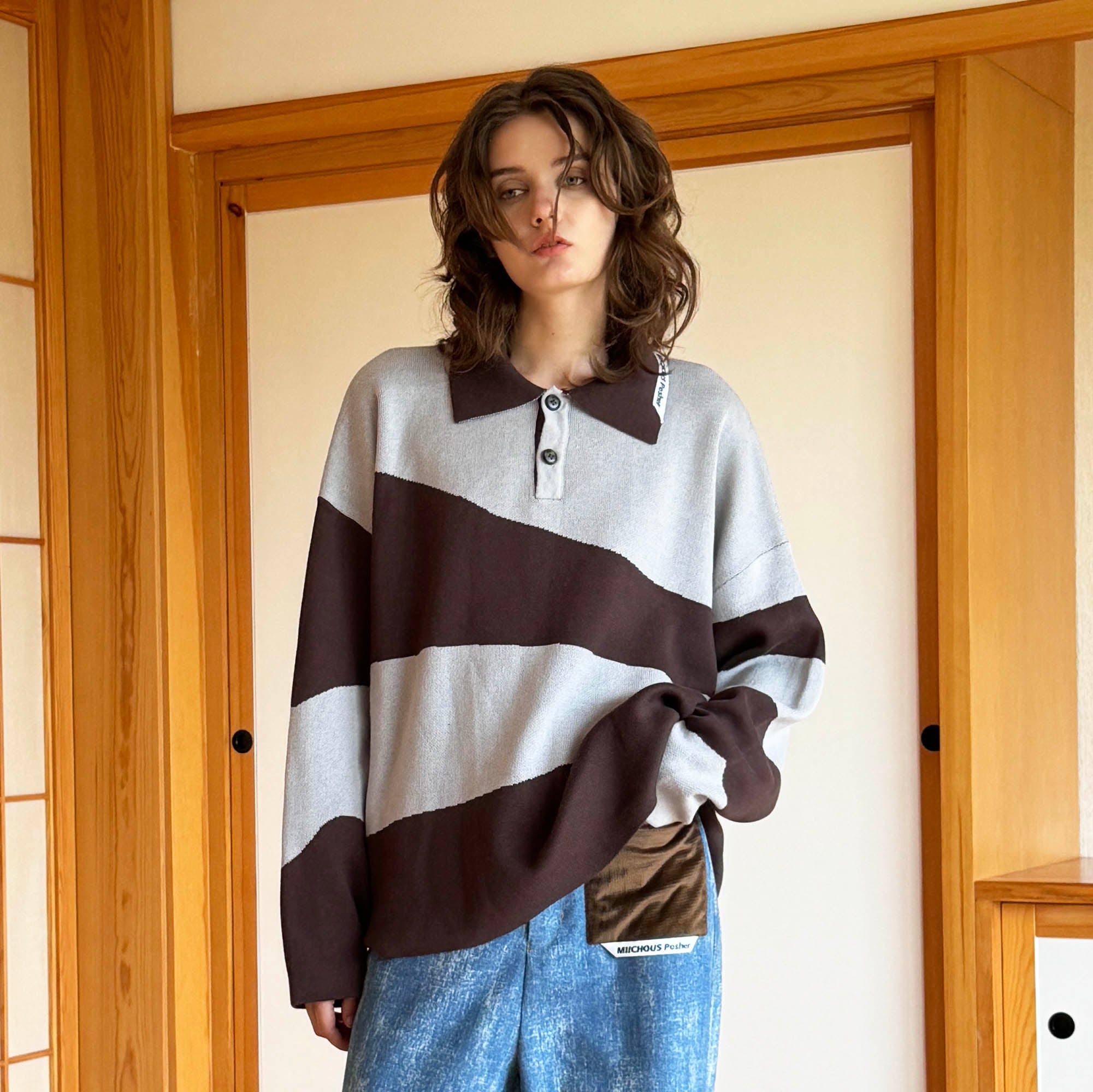 MIICHOUS Nature Magazine Ripple Stripe Polo Sweater