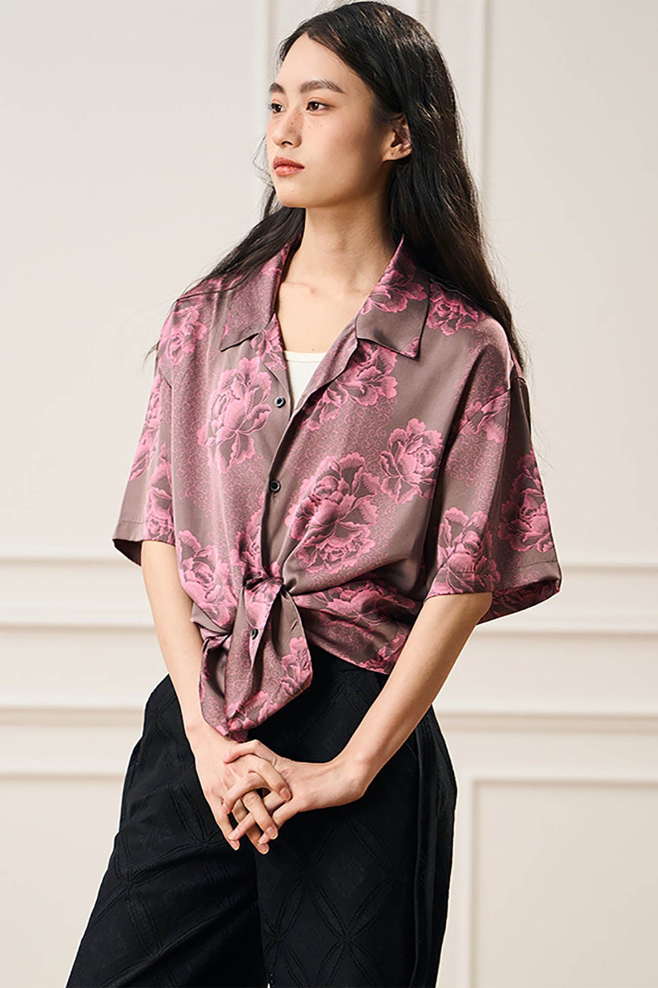 EPIC POETRY Floral Satin Cuban Half Shirt