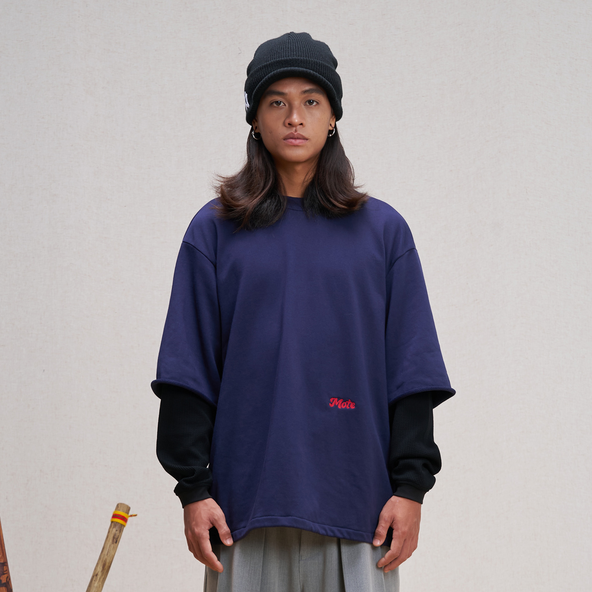 UNLIMITED MOTE Waffle Sleeve Layered Drawstring Hem Sweatshirt