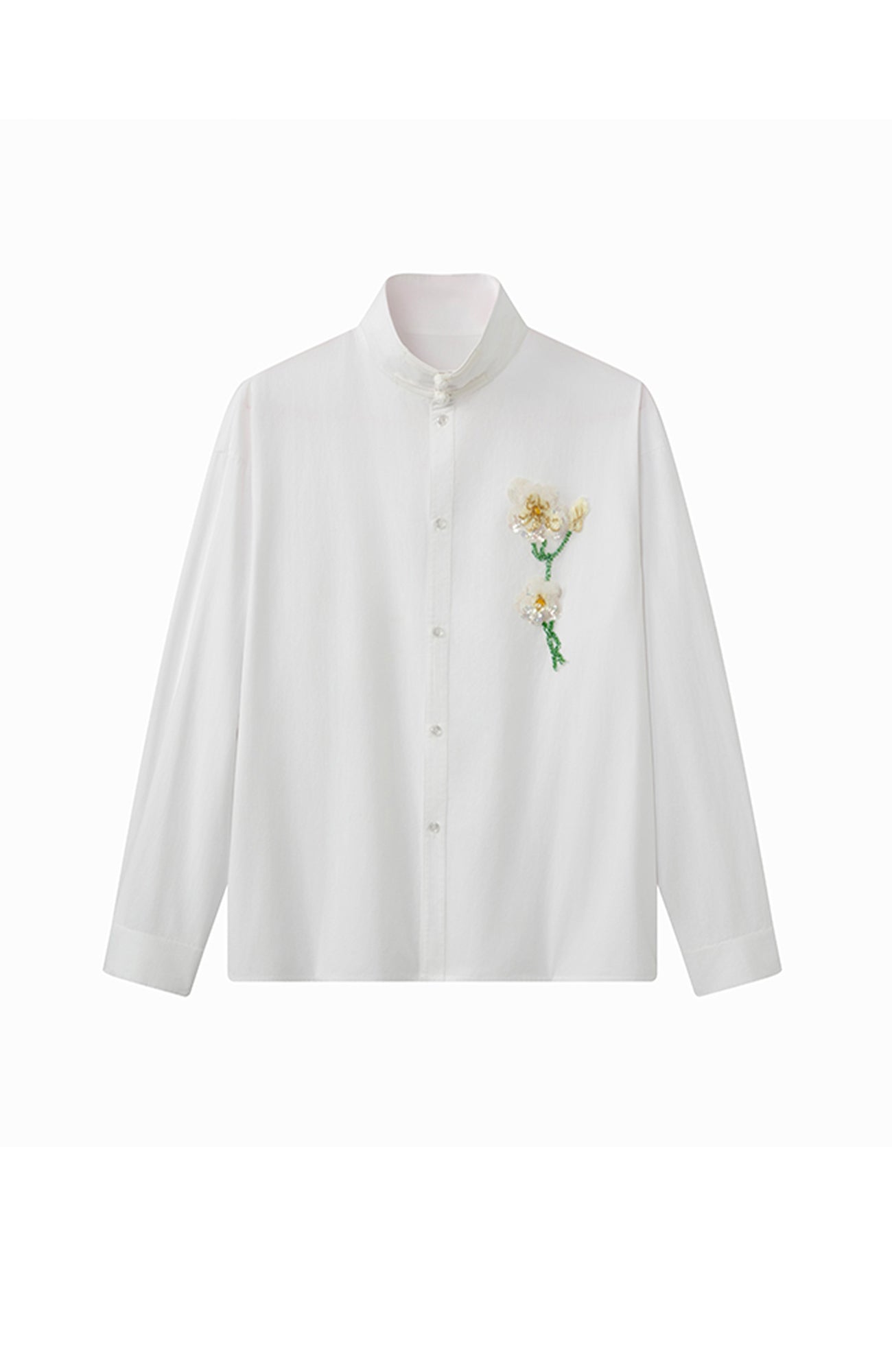 JIECHI Mandarin Collar Floral Embroidered Shirt