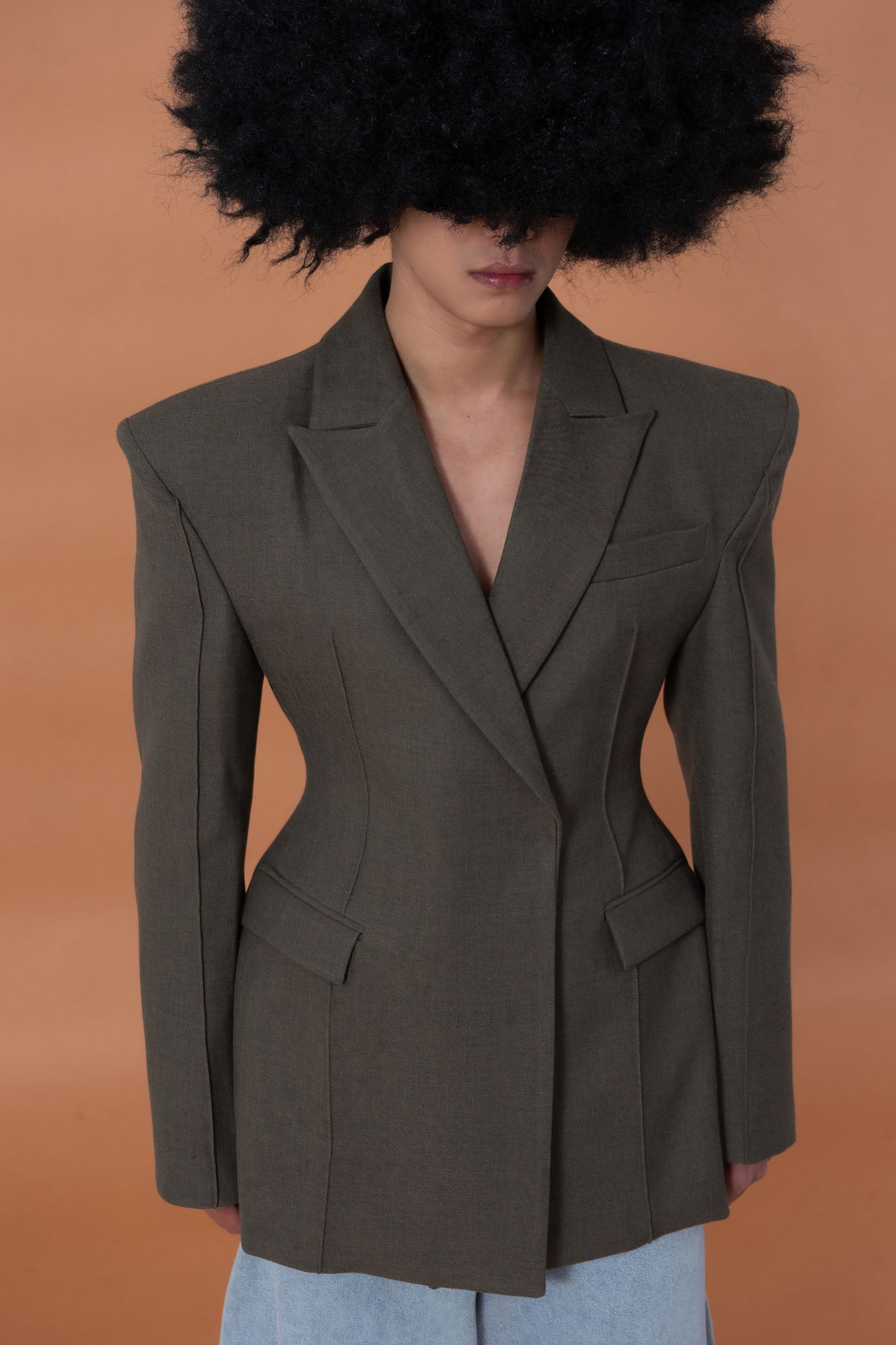 CLP Cinched-Waist Padded Shoulder Blazer Brown, premium urban and streetwear designers apparel on PROJECTISR.com, CLP