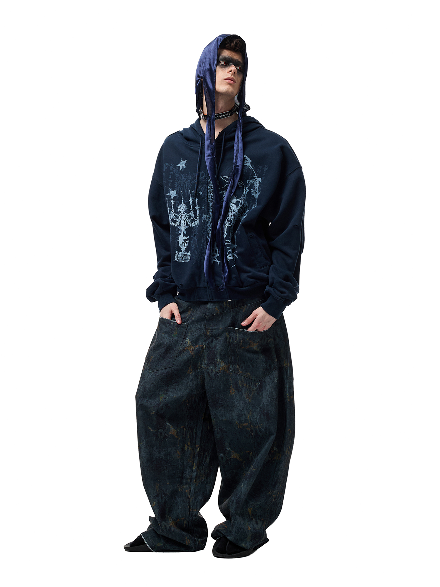 CYCYCY Washed Mottled Flame Graphic Denim Pants