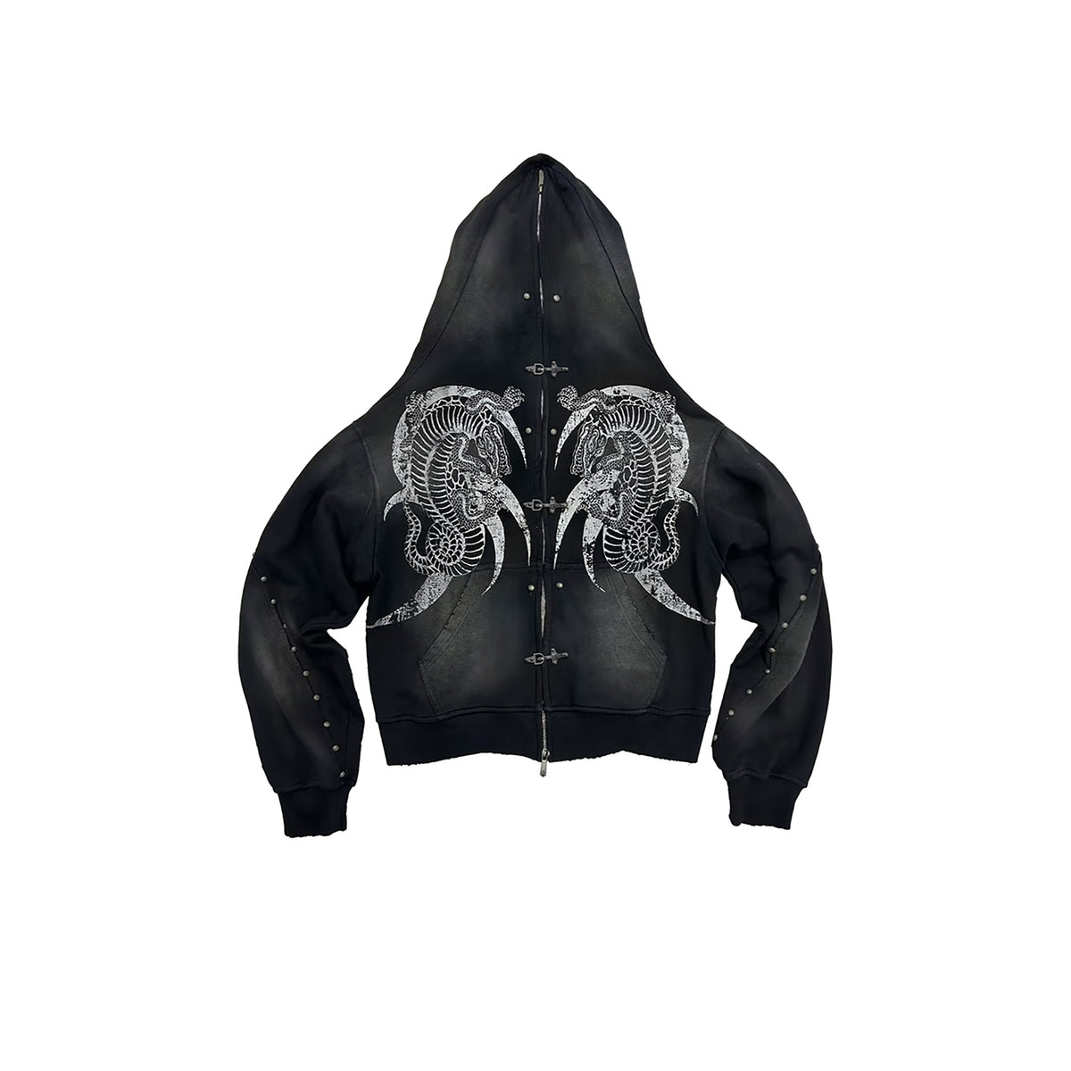 WANNA LAB Washed Distressed Rivet Zip-Up Hoodie