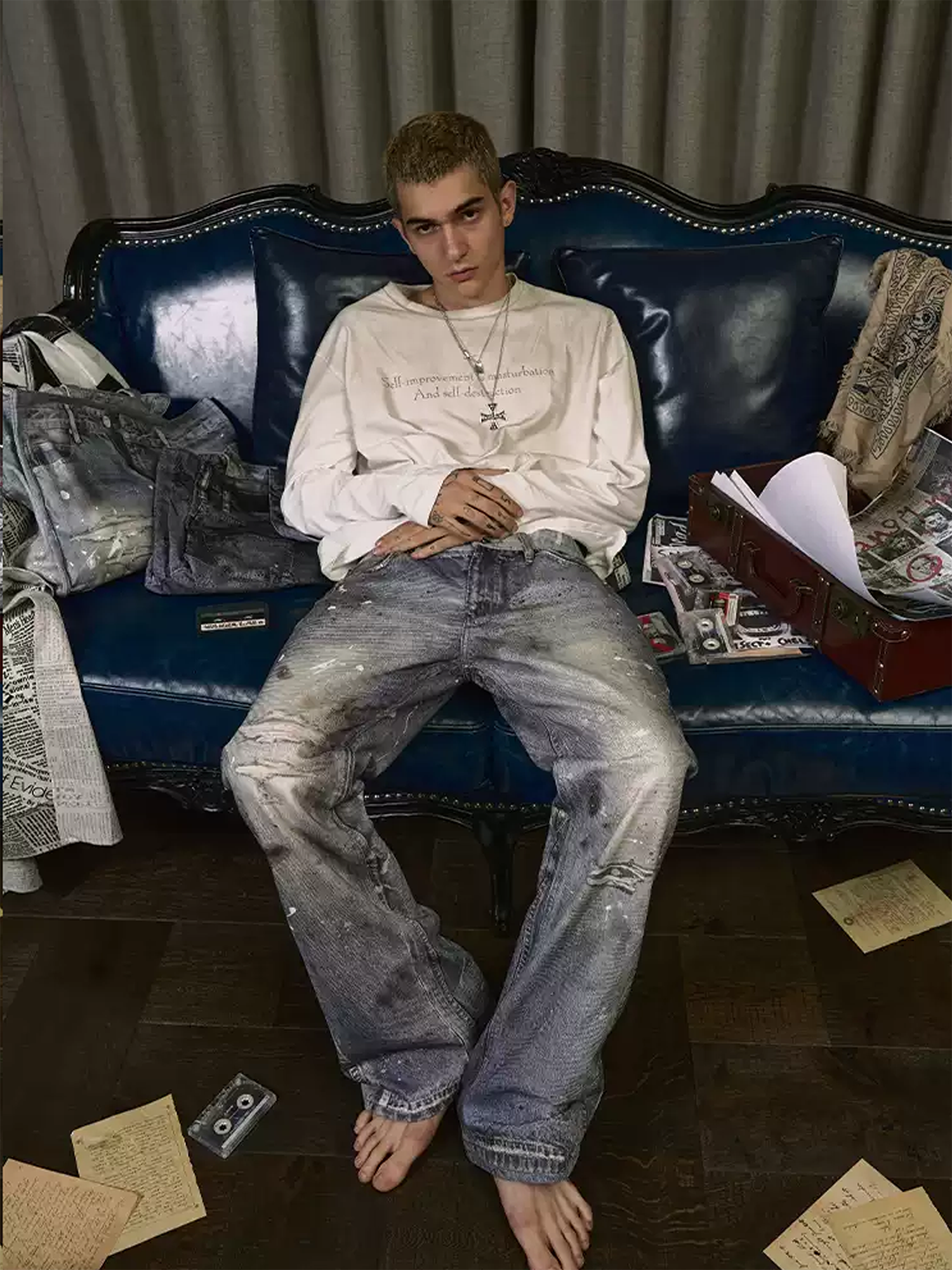 WANNA LAB Distressed Washed Paint-Splattered Flared Jeans