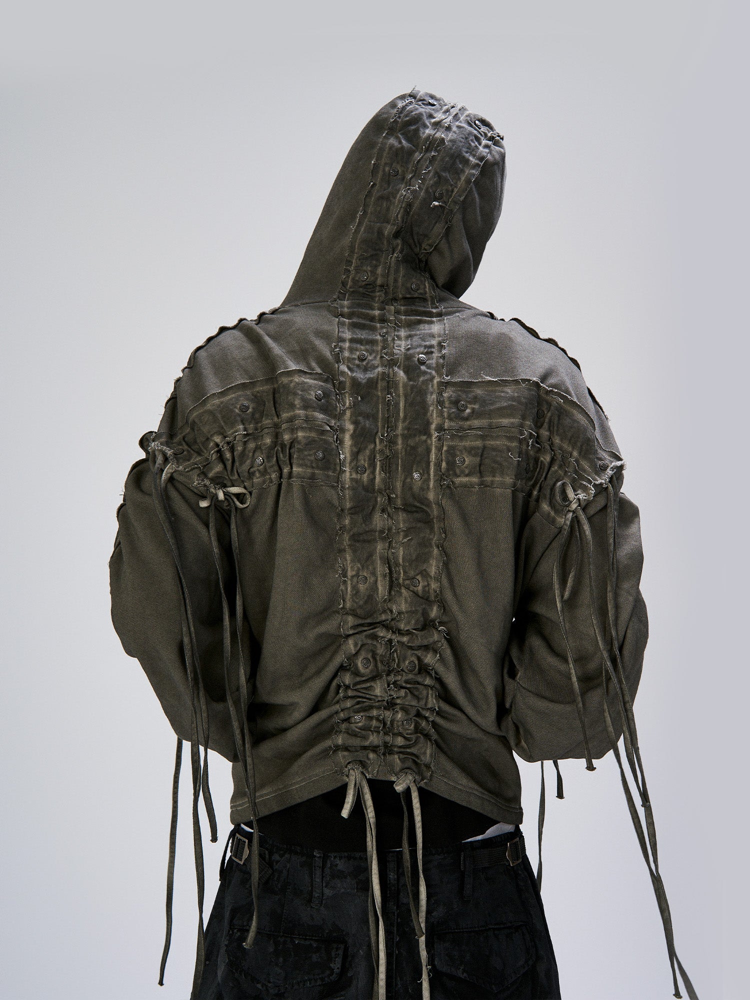 FLYERRER Distressed Drawstring Ruched Hooded Jacket, premium urban and streetwear designers apparel on PROJECTISR.com, FLYERRER