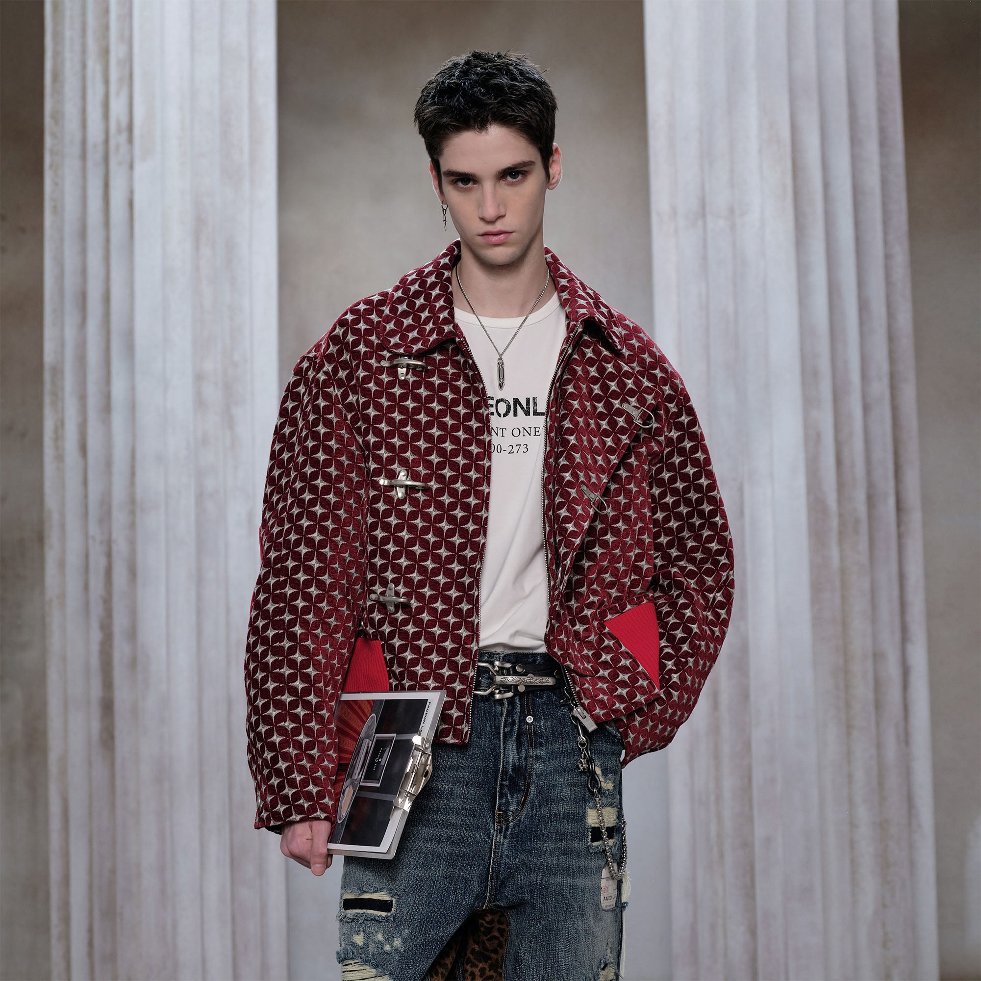 FACEONLAB Geometric Full-Print Metal Clasps Jacket, premium urban and streetwear designers apparel on PROJECTISR.com, FACEONLAB