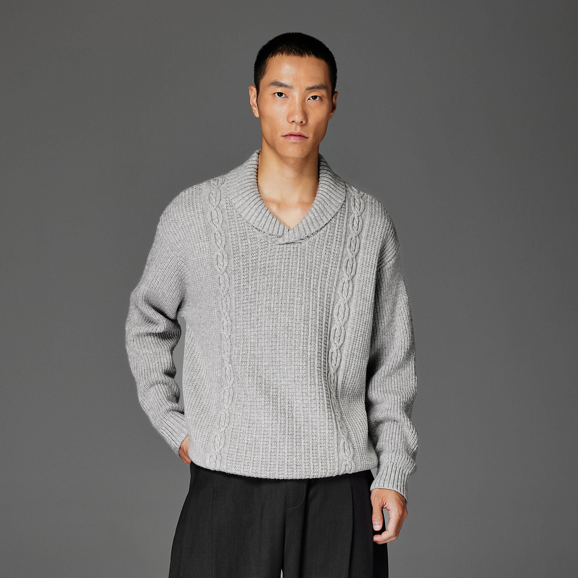 CATSSTAC Wool-Blend Shawl-Collar Cable Knit Sweater