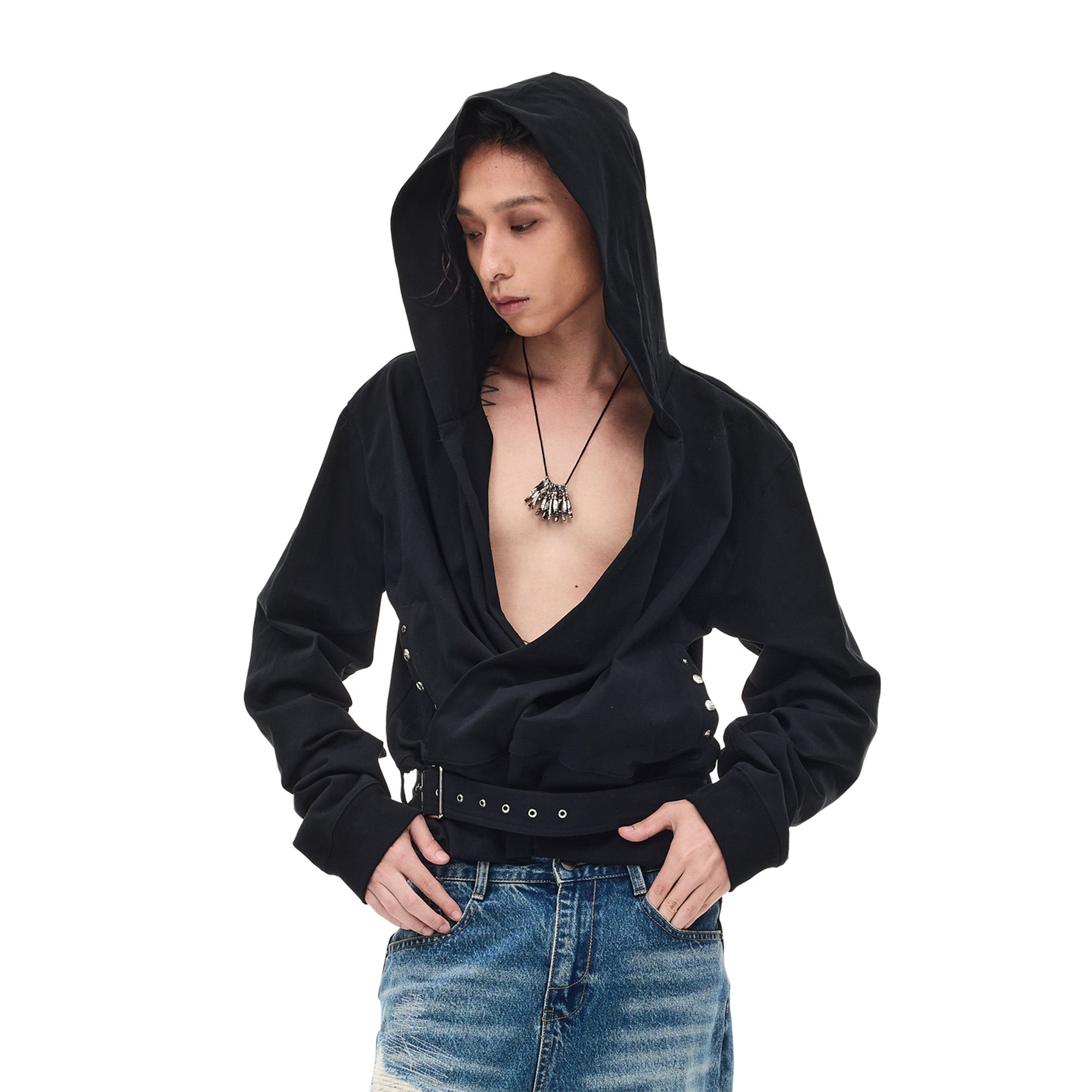 WHISTLEHUNTER Detachable-Belt Deep V-Cut Hardware Hoodie