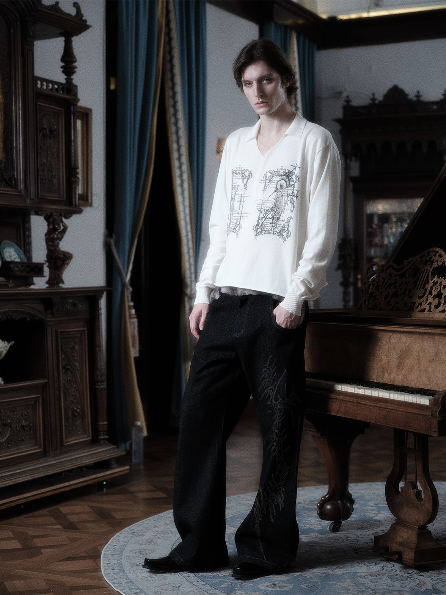 WANNA LAB Rune Graphic Long-Sleeve Polo Tee