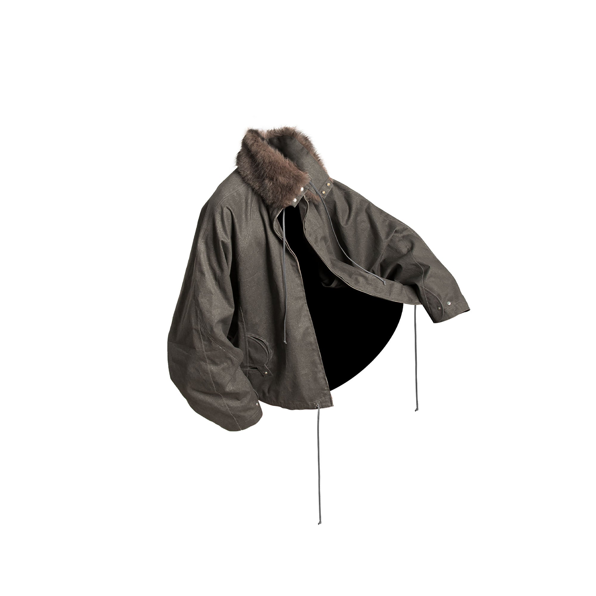 RELABEL Detachable Faux Fur Collar Drawstring Jacket Gray