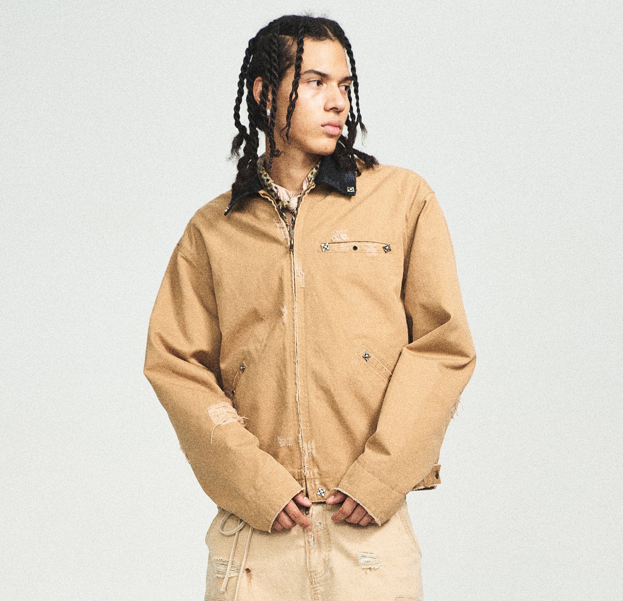 STEEPC Distressed Washed Rivet Pocket Jacket Khaki