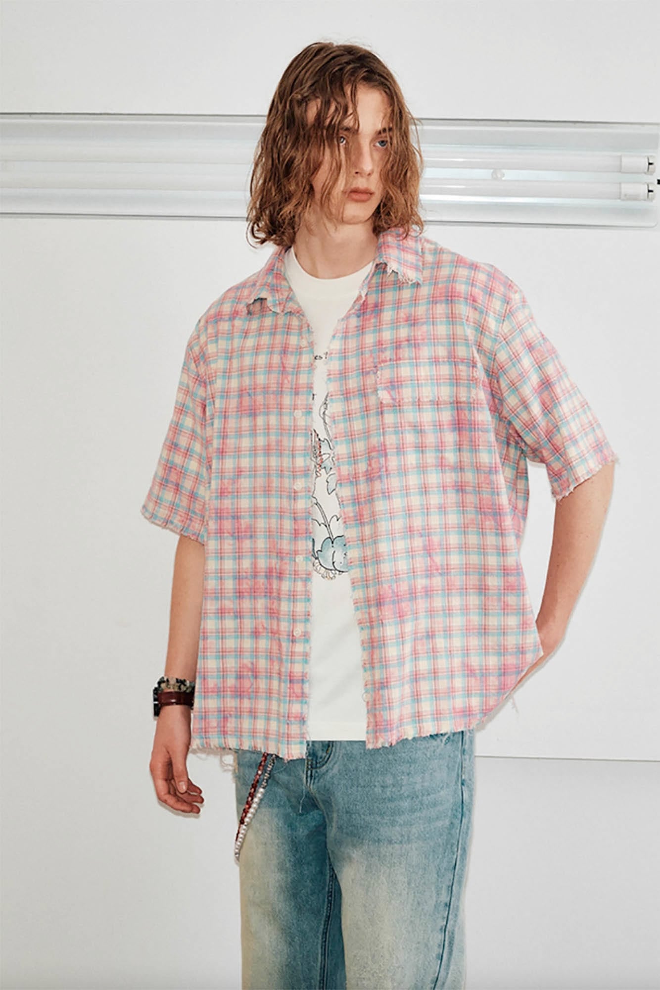 KREATE Frayed Tie-Dye Plaid Half Shirt