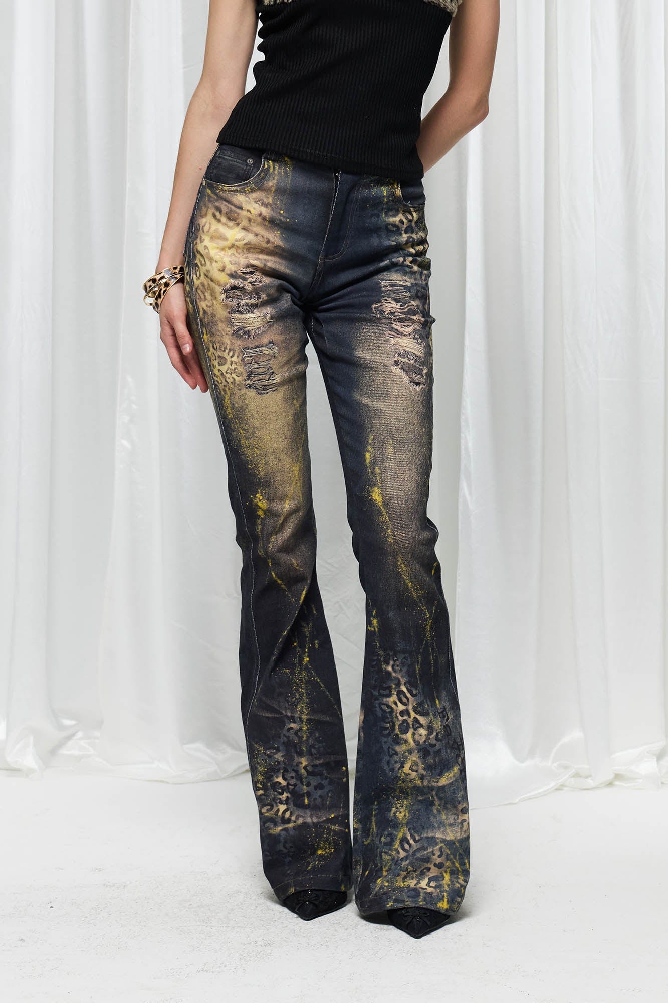 DND4DES×Faychui Distressed Leopard Splattered Flared Jeans