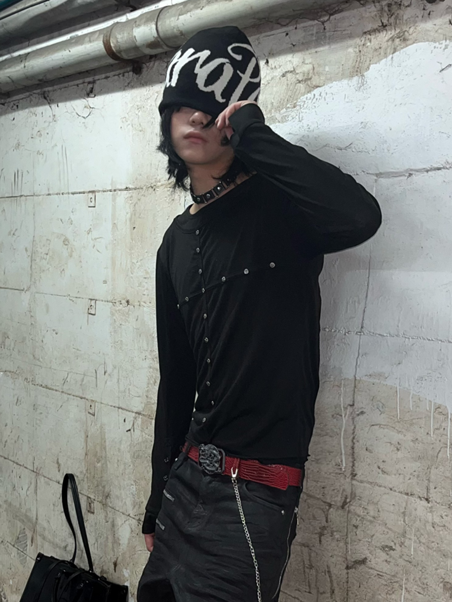 TH4SWE Layered-Collar Studded Henley Long-Sleeve Tee