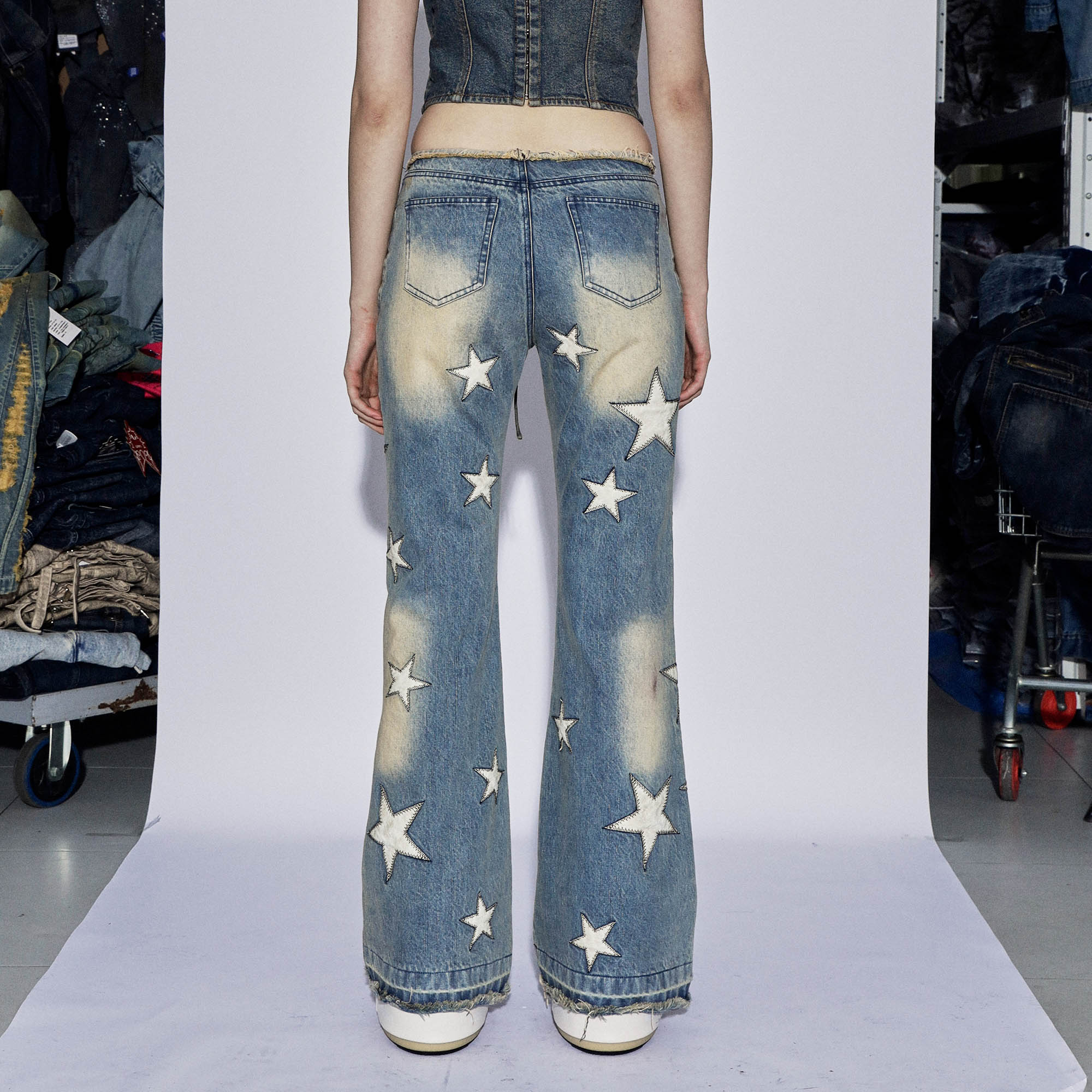 DND4DESxFaychui Starry Bleached Low-Rise Flared Jeans