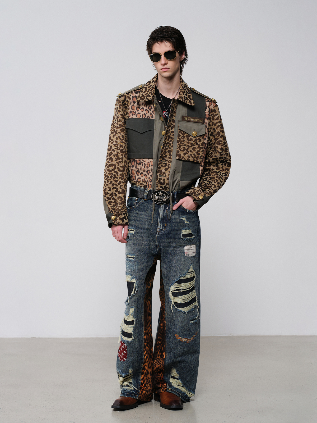 FACEONLAB Camo Spliced Leopard Lapel Jacket Brown